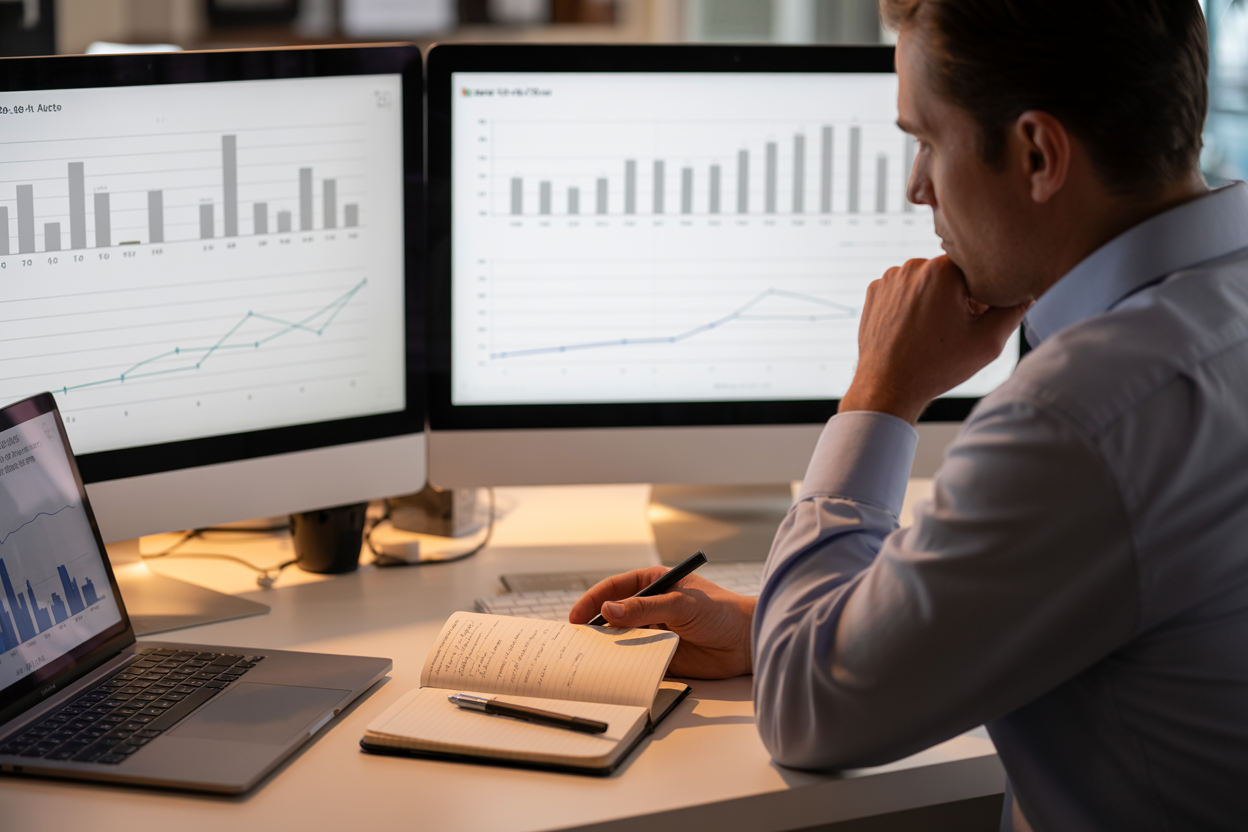 Create a realistic image of a professional workspace showing a dual-monitor setup displaying clean bar charts and line graphs comparing before-and-after performance metrics, with a white male analyst sitting at the desk carefully examining the data visualizations, a physical notebook with handwritten notes and a pen placed beside a laptop, warm focused desk lighting illuminating the scene, conveying a thoughtful and analytical mood of careful evaluation and measurement, with a clean modern office background slightly blurred in the background. Absolutely NO text should be in the scene.