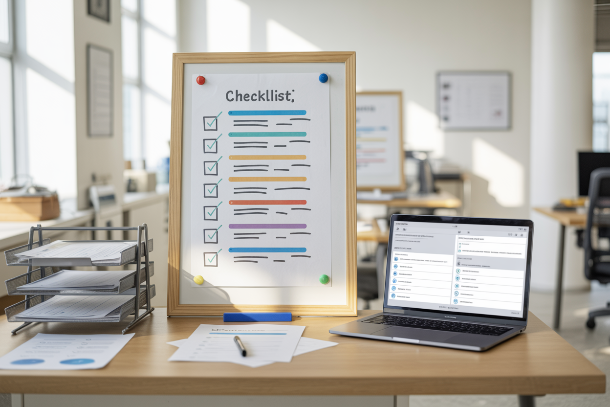 Create a realistic image of a professional workspace showing a structured checklist or standardized process template pinned to a clean whiteboard, with color-coded flowchart steps and checkmarks indicating a finalized, repeatable solution, complemented by a neat desk with organized documents and a laptop displaying a structured workflow, set in a bright modern office environment with natural lighting streaming through windows, conveying a sense of order, accomplishment, and systematic efficiency. Absolutely NO text should be in the scene.