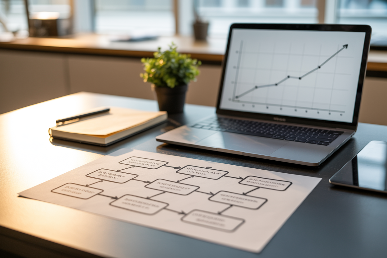 Create a realistic image of a professional workspace where a structured problem-solving process has reached a successful conclusion, featuring a clean modern desk with a completed flowchart diagram on paper showing seven connected steps, a small green plant symbolizing growth, and a closed notebook beside a laptop displaying a upward-trending graph on screen, with soft warm office lighting creating an optimistic and accomplished mood, the overall scene conveying clarity, resolution, and systematic success, with no clutter and a calm, organized atmosphere. Absolutely NO text should be in the scene.
