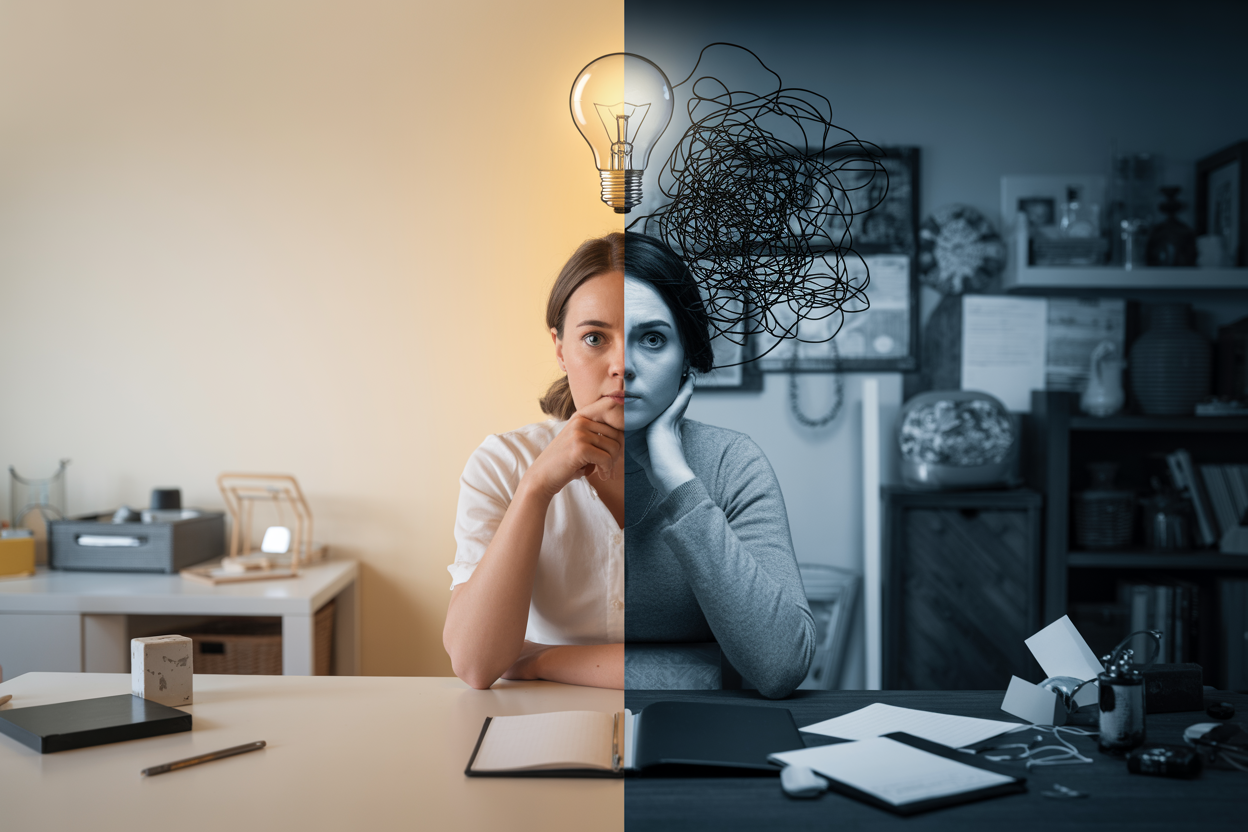 Create a realistic image of a split-scene concept showing two sides of a person's mind, featuring a white female sitting at a clean, well-lit desk on the left side appearing calm and focused, with a single lightbulb glowing above her head representing clear critical thinking, while on the right side the same woman looks overwhelmed and stressed, surrounded by tangled, chaotic thought lines and excessive clutter on her desk, the background transitioning from a clean, bright, organized space on the left to a dark, cluttered, chaotic space on the right, warm and cool lighting contrasting between the two sides to emphasize the difference between clarity and mental overload, the overall mood conveying the distinction between productive thinking and counterproductive overthinking. Absolutely NO text should be in the scene.