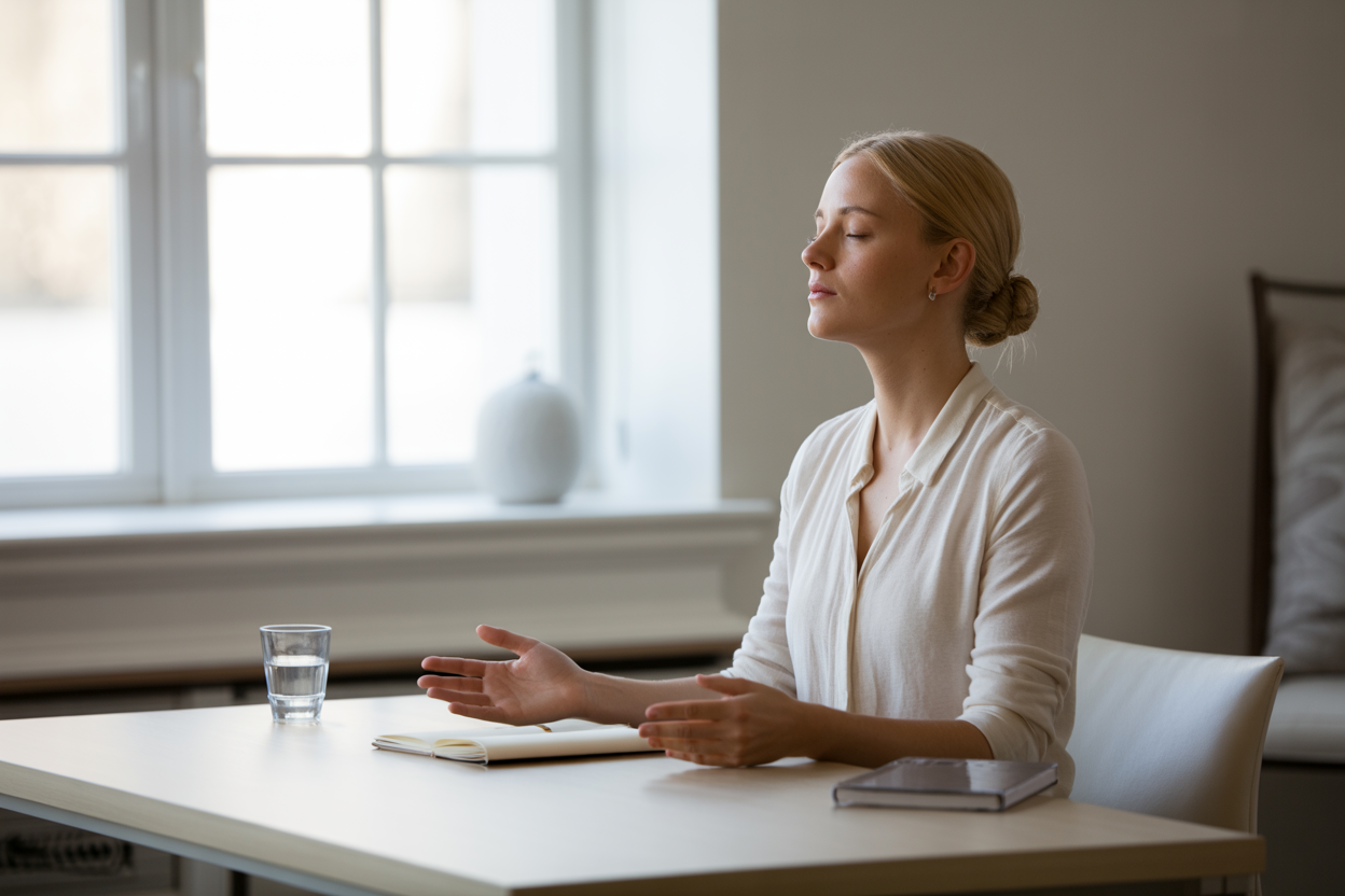 Create a realistic image of a calm and composed white female sitting at a minimalist desk, taking a slow deep breath with her eyes gently closed and hands resting peacefully on the desk, a small journal and a glass of water nearby, soft natural light streaming through a window in the background, conveying a sense of emotional balance and mental clarity, the overall mood is serene and focused. Absolutely NO text should be in the scene.
