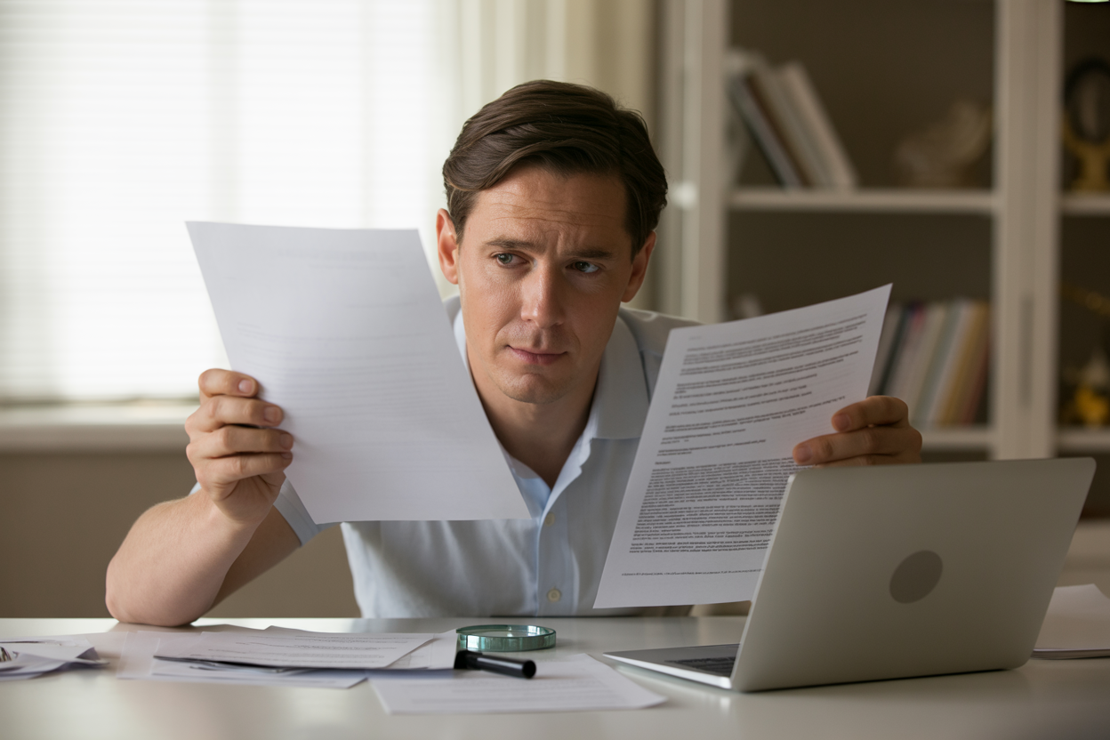 Create a realistic image of a person sitting at a clean desk, carefully examining multiple documents and a laptop screen, with a thoughtful and analytical expression, a white male in his 30s holding one document up while comparing it to information on the screen, a magnifying glass and a few scattered papers on the desk suggesting careful scrutiny, soft natural lighting from a nearby window creating a focused and calm atmosphere, neutral background with a slightly blurred bookshelf, conveying a sense of careful evaluation and discernment. Absolutely NO text should be in the scene.