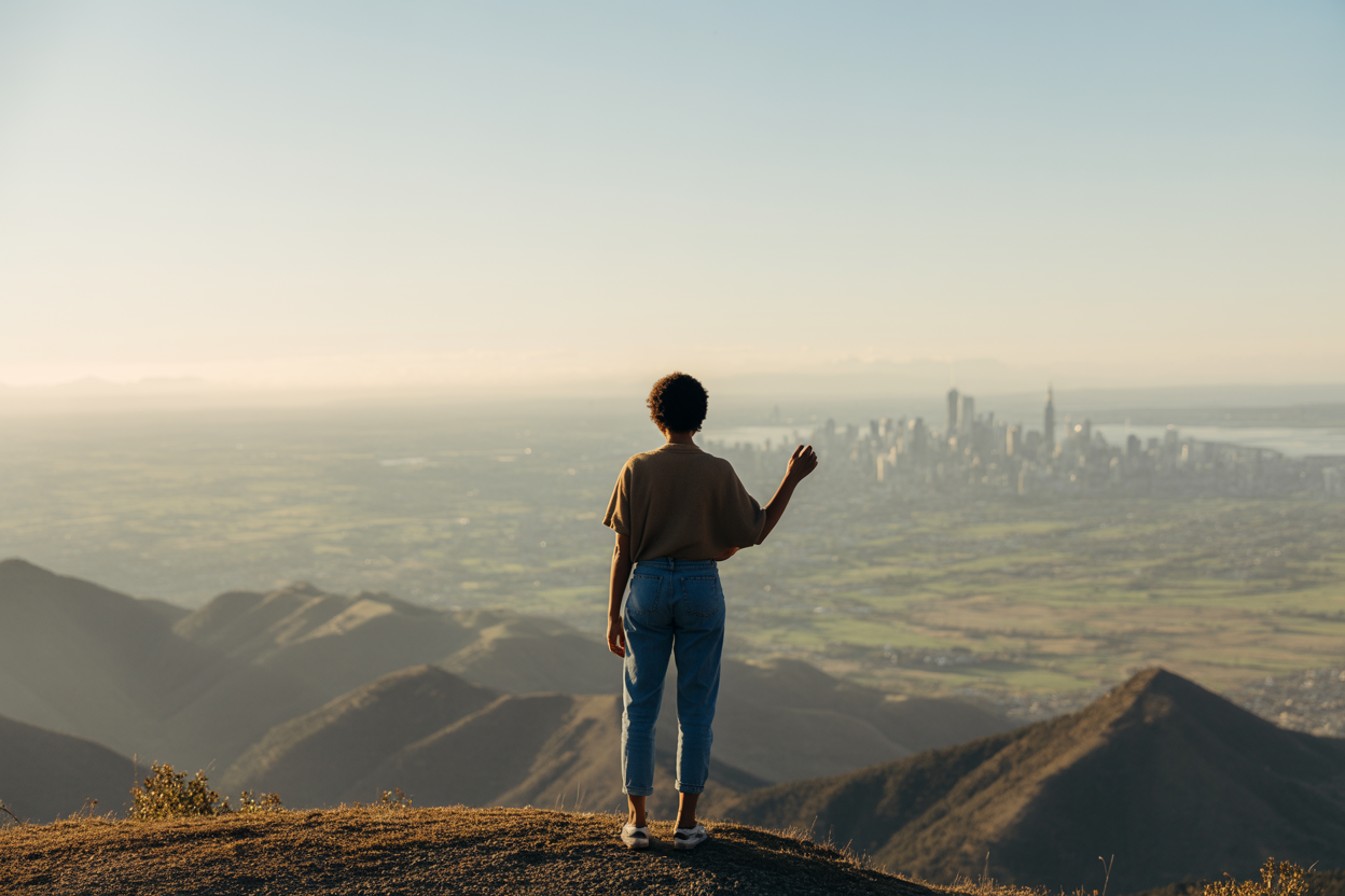 Create a realistic image of a person standing on a elevated hilltop looking out over a vast, expansive landscape with multiple distinct environments visible, including mountains, a city skyline, and open fields, symbolizing a broad perspective, the person is a black female in casual attire, her posture is open and confident, with one hand raised slightly as if contemplating the view, the scene is bathed in warm golden hour lighting with a clear sky, creating an inspiring and thoughtful mood, the wide panoramic view emphasizes the idea of seeing the bigger picture and expanding one's perspective. Absolutely NO text should be in the scene.