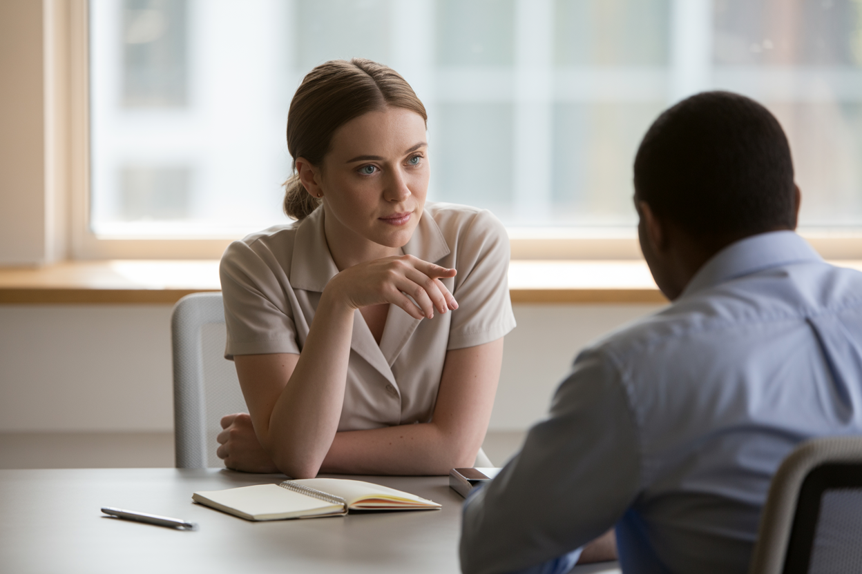 Create a realistic image of a focused white female sitting at a clean desk, leaning slightly forward with attentive body language, actively listening during a conversation with a black male colleague across from her, a notebook and pen placed nearby suggesting note-taking habits, soft natural light coming through a window in the background, the overall mood is calm, thoughtful, and engaged, with a minimal and uncluttered workspace environment. Absolutely NO text should be in the scene.
