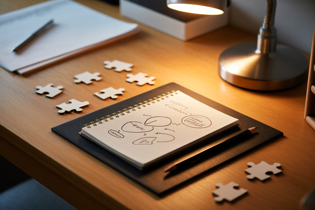 Create a realistic image of a close-up view of a wooden desk with a neatly arranged set of problem-solving tools including a notepad with hand-drawn diagrams, a sharp pencil, and a few puzzle pieces partially assembled, with a warm focused desk lamp casting soft light over the scene, conveying a sense of clarity, focus, and practical thinking, with a clean and minimal background that emphasizes productivity and simplicity. Absolutely NO text should be in the scene.