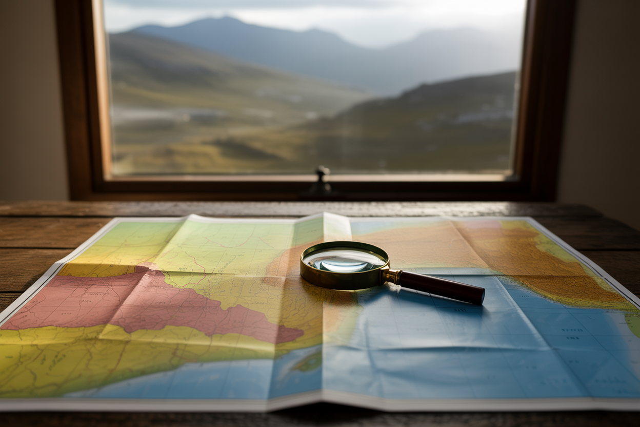 Create a realistic image of a detailed, colorful map laid flat on a wooden table, with a magnifying glass resting on top of it, while through a nearby window the actual real-world landscape depicted on the map is visible, showing subtle differences between the map's representation and the true terrain outside, with soft natural daylight illuminating the scene, creating a contemplative and thought-provoking mood that contrasts perception with reality. Absolutely NO text should be in the scene.
