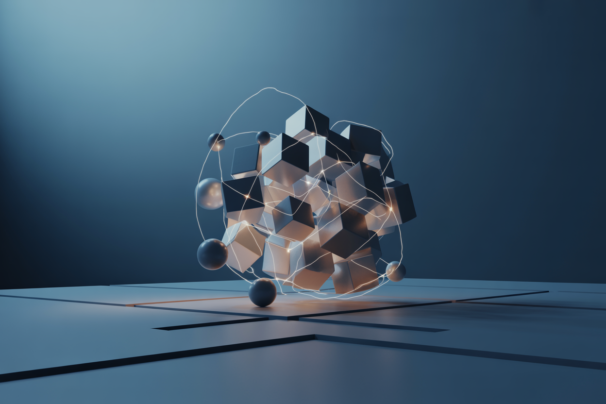 Create a realistic image of a complex structure being broken down into its simplest foundational components, represented by a large geometric shape fragmenting into basic building blocks like cubes and spheres on a clean, minimalist surface, with glowing lines connecting the fragments to illustrate core truths being revealed, set against a deep blue gradient background with soft, focused lighting highlighting the central decomposition process, conveying a mood of clarity, discovery, and intellectual depth. Absolutely NO text should be in the scene.