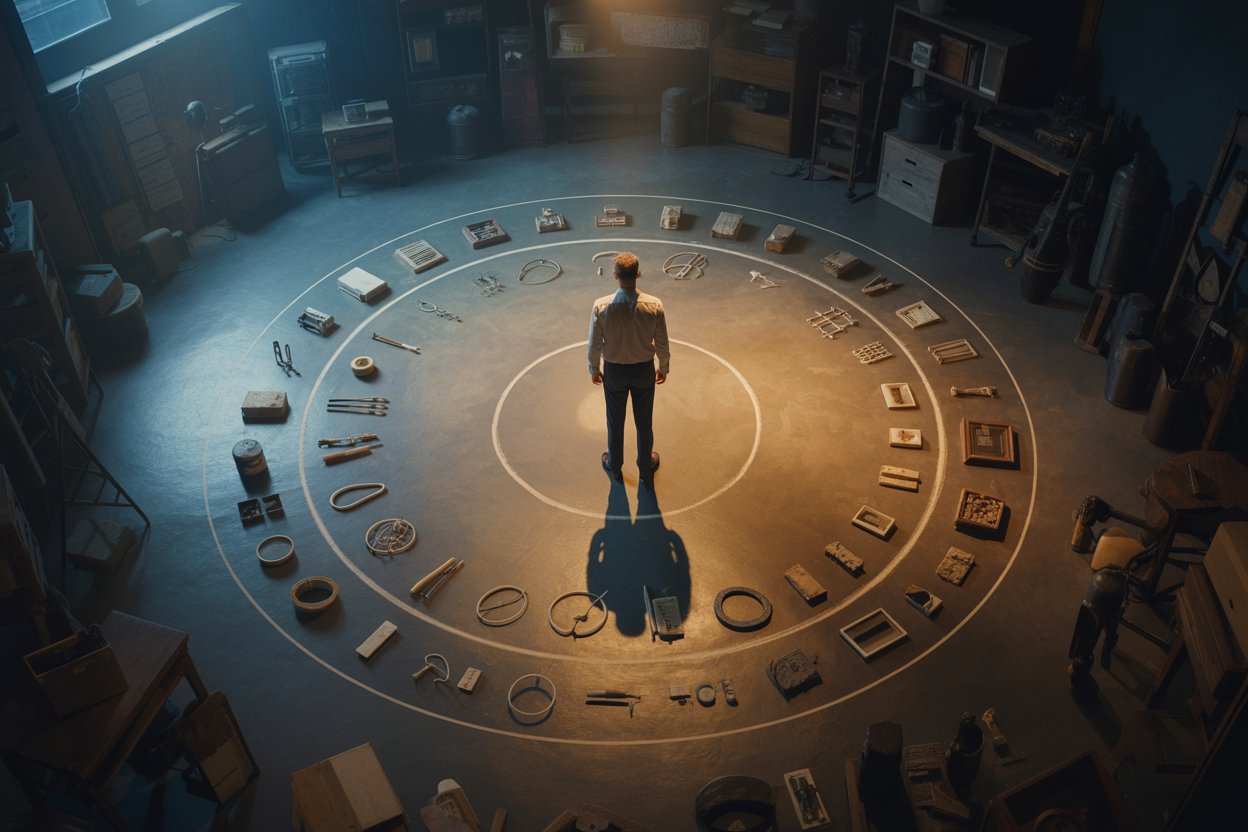 Create a realistic image of a confident white male standing at the center of a large glowing circle drawn on the ground, surrounded by a dimly lit room, with objects and symbols representing his area of expertise arranged neatly within the circle, while outside the circle lies a cluttered and shadowy space filled with unfamiliar and complex items, emphasizing the contrast between mastery and the unknown, with warm golden light illuminating the inside of the circle and cool blue tones outside, conveying a sense of focus, clarity, and strategic self-awareness. Absolutely NO text should be in the scene.
