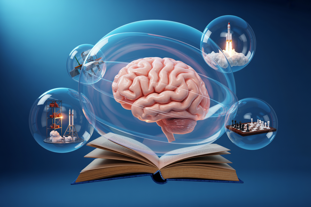 Create a realistic image of a glowing human brain floating above an open book, surrounded by soft, swirling translucent bubbles containing miniature scenes of scientific experiments, a rocket launch, and a chess board, set against a deep blue gradient background with soft ethereal lighting that creates a dreamy yet intellectual atmosphere, conveying the concept of imaginative thinking and safe mental exploration. Absolutely NO text should be in the scene.