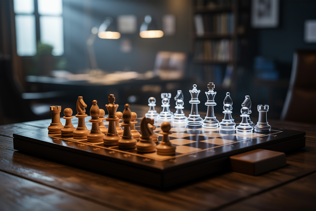 Create a realistic image of a chess board with multiple moves ahead being visualized through a series of translucent, glowing chess pieces floating above the board, symbolizing strategic long-term thinking, set on a dark wooden table with soft, focused lighting illuminating the board from above, creating a contemplative and intelligent mood, with a blurred background of a dimly lit study room, conveying depth and foresight in decision-making. Absolutely NO text should be in the scene.