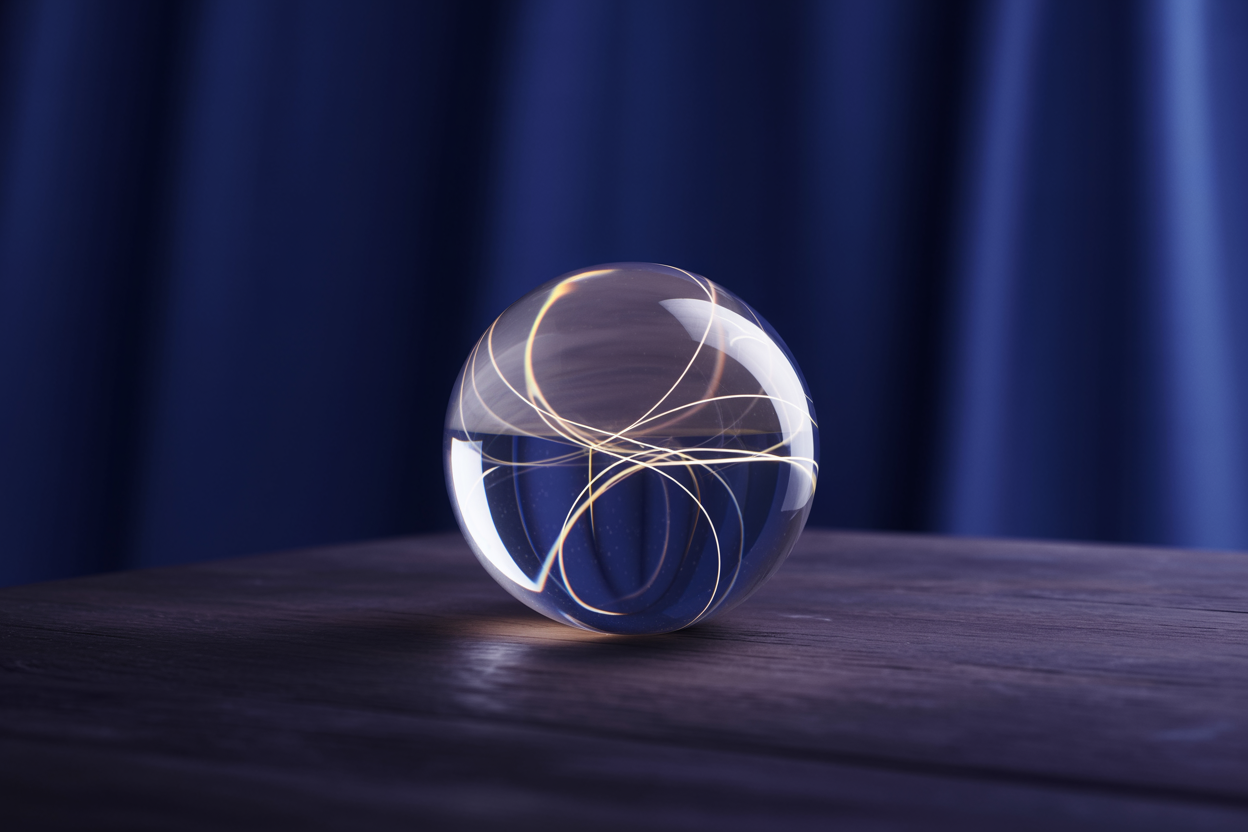 Create a realistic image of a translucent glass sphere resting on a dark wooden surface, filled with swirling fog and multiple glowing probability paths branching outward in different directions like luminous threads, some brighter and thicker than others to represent varying likelihoods, set against a deep navy blue background with soft, diffused lighting highlighting the sphere's glow and casting gentle shadows on the surface, conveying a mood of calm analytical thinking and intellectual clarity amidst uncertainty. Absolutely NO text should be in the scene.