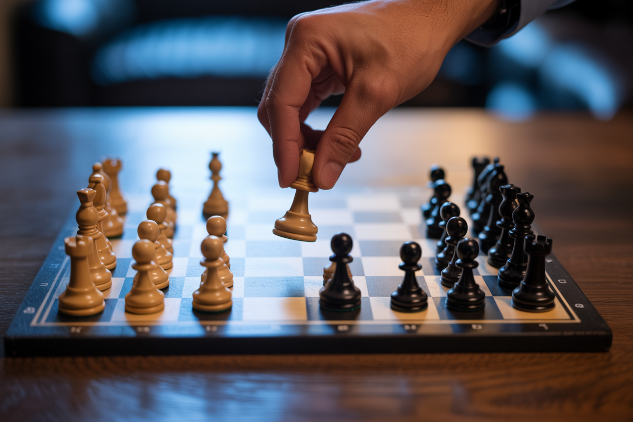 Create a realistic image of a chess board with pieces arranged mid-game, viewed from above at a slight angle, where a single hand is shown moving a chess piece backward rather than forward, symbolizing reverse thinking and strategic planning, with soft focused background of a wooden table, cool blue and white ambient lighting casting subtle shadows across the board, creating a contemplative and intellectual mood. Absolutely NO text should be in the scene.