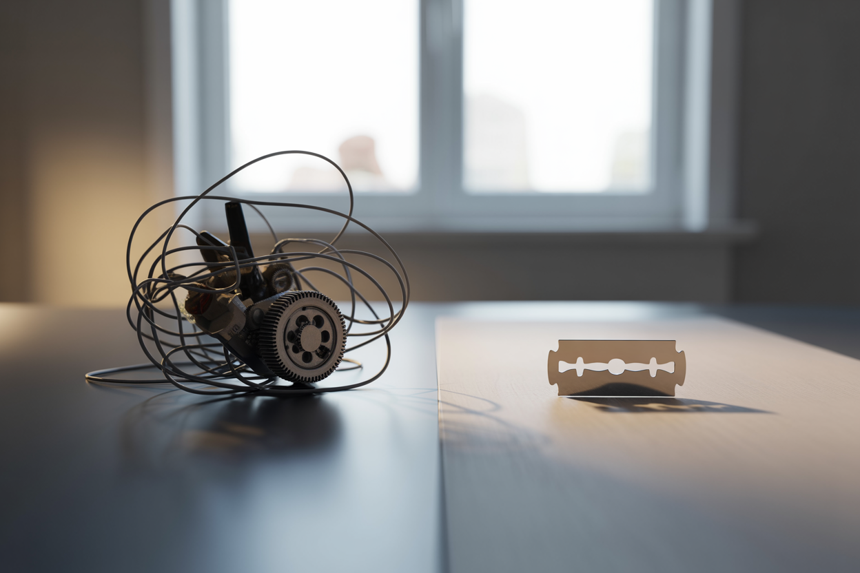 Create a realistic image of a clean, minimalist desk with two contrasting sets of objects — one side showing a tangled, complex arrangement of gears, wires, and multiple tools, and the other side showing a single, elegant razor blade resting on a plain white surface, symbolizing simplicity over complexity, with soft natural lighting illuminating the scene from a side window, creating a calm and focused atmosphere, shallow depth of field highlighting the razor blade as the focal point. Absolutely NO text should be in the scene.