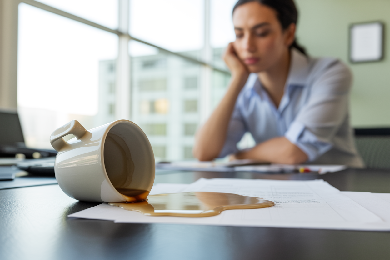 Create a realistic image of a symbolic scene where a simple, everyday accident is taking place — a coffee mug tipped over on a desk, spilling liquid across papers, with a calm and understanding person nearby observing the scene without anger or frustration, their relaxed body language conveying patience and rational thinking rather than suspicion or blame, soft natural office lighting creating a neutral and peaceful mood, blurred background of a tidy workspace, emphasizing the concept of assuming an innocent mistake rather than bad intent. Absolutely NO text should be in the scene.