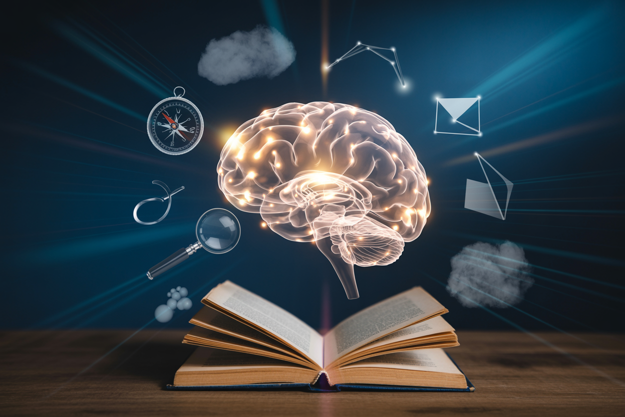 Create a realistic image of a glowing human brain made of interconnected light nodes and pathways, floating above an open book, surrounded by symbolic elements like a compass, a magnifying glass, geometric shapes, and abstract thought bubbles, set against a deep dark blue background with soft radiant light emanating from the brain, conveying a sense of intellectual clarity, deep thinking, and mental transformation, with a calm and inspiring mood. Absolutely NO text should be in the scene.