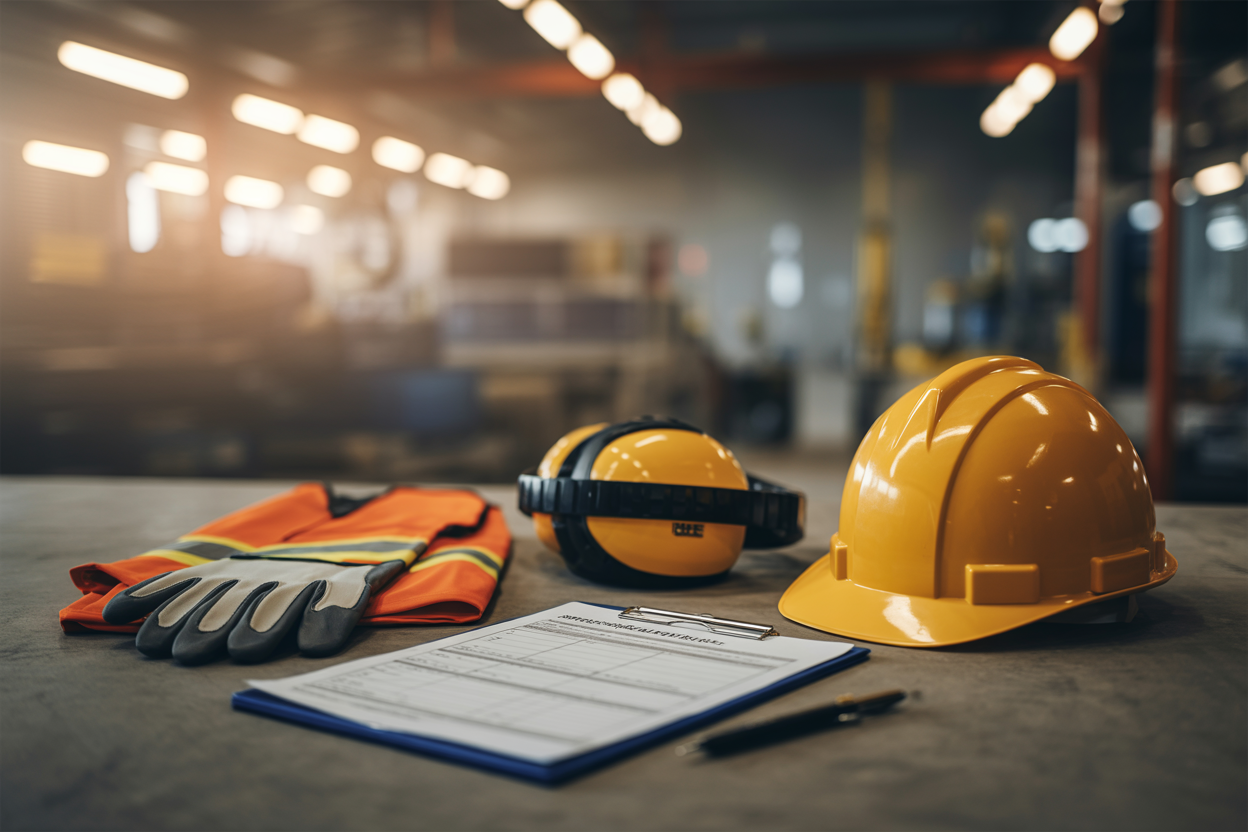 Create a realistic image of a professional HSE (Health, Safety, and Environment) workplace scene featuring safety equipment such as a hard hat, safety vest, protective gloves, and a clipboard with inspection forms neatly arranged on a clean industrial table, with a blurred background of a modern industrial facility or construction site, warm and professional lighting that conveys a sense of responsibility and professionalism, with no people in the scene, emphasizing the tools and symbols of an HSE career. Absolutely NO text should be in the scene.