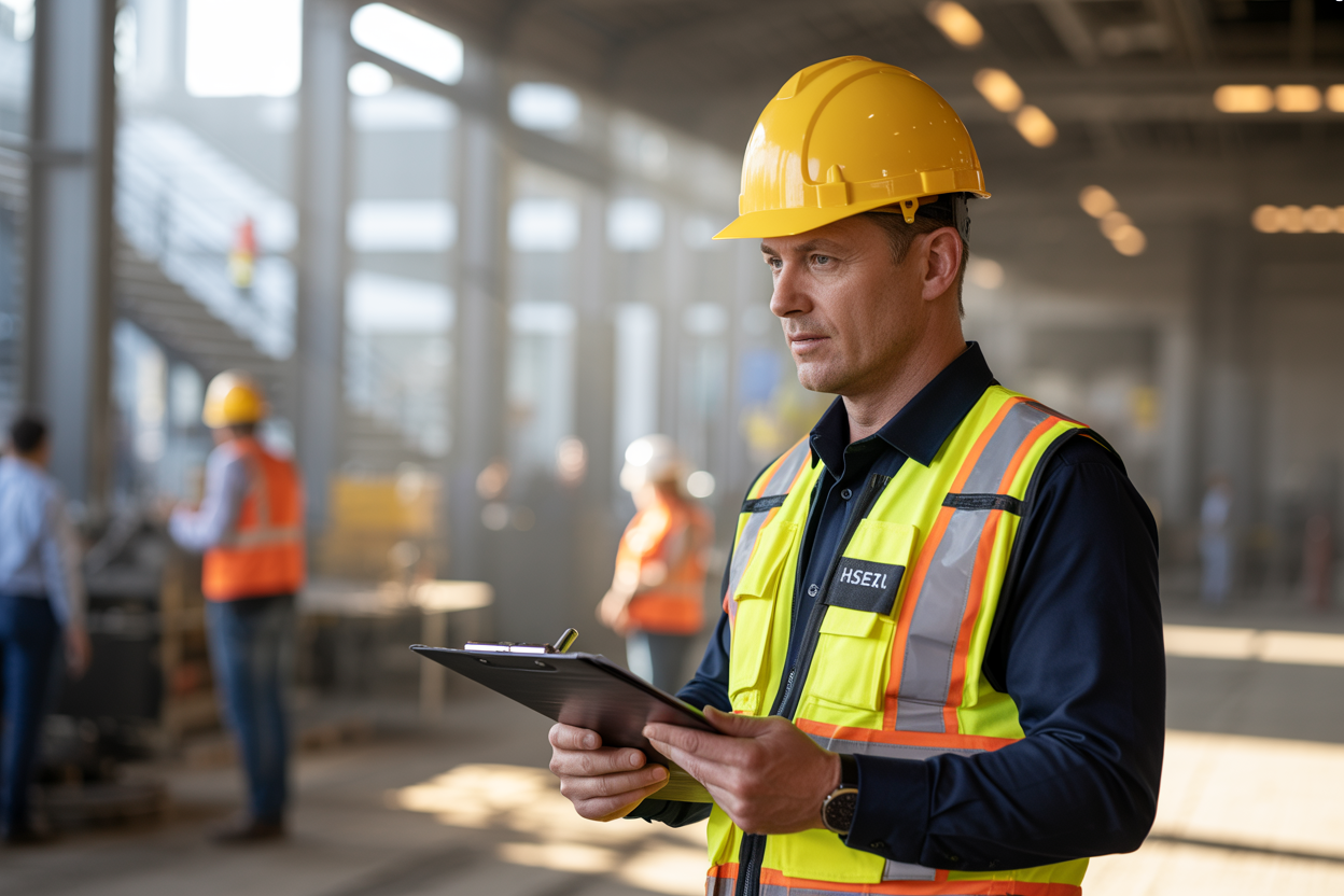 Create a realistic image of a white male HSE officer wearing a bright yellow hard hat and a high-visibility safety vest, standing in an industrial workplace environment such as a construction site or factory floor, holding a clipboard and conducting a safety inspection, examining equipment or checking safety protocols, with workers visible in the blurred background, the scene lit with natural daylight streaming in, conveying a professional and safety-conscious atmosphere. Absolutely NO text should be in the scene.