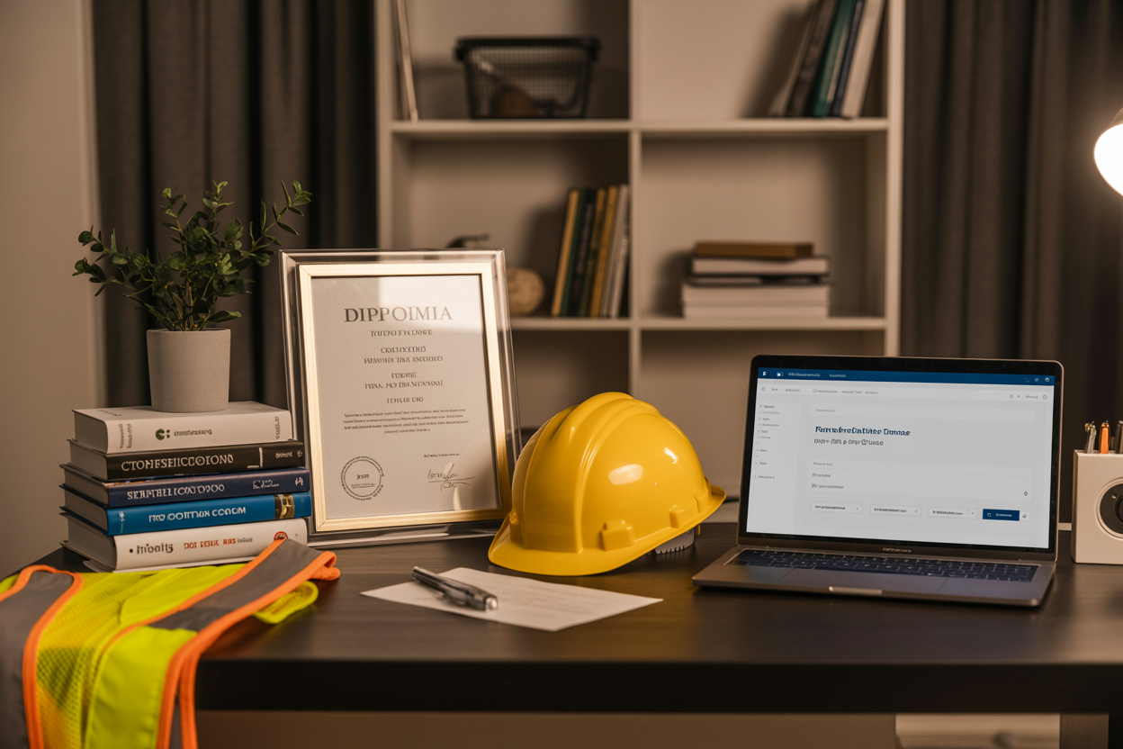 Create a realistic image of a neatly arranged desk with a stack of professional certification books, a diploma or certificate in a clear frame, a hard hat, and a safety vest placed beside a laptop displaying a professional training course interface, set in a clean and organized home office or study space with warm, focused lighting that conveys professionalism and academic achievement, with a motivational and aspirational mood suggesting career growth and preparation. Absolutely NO text should be in the scene.