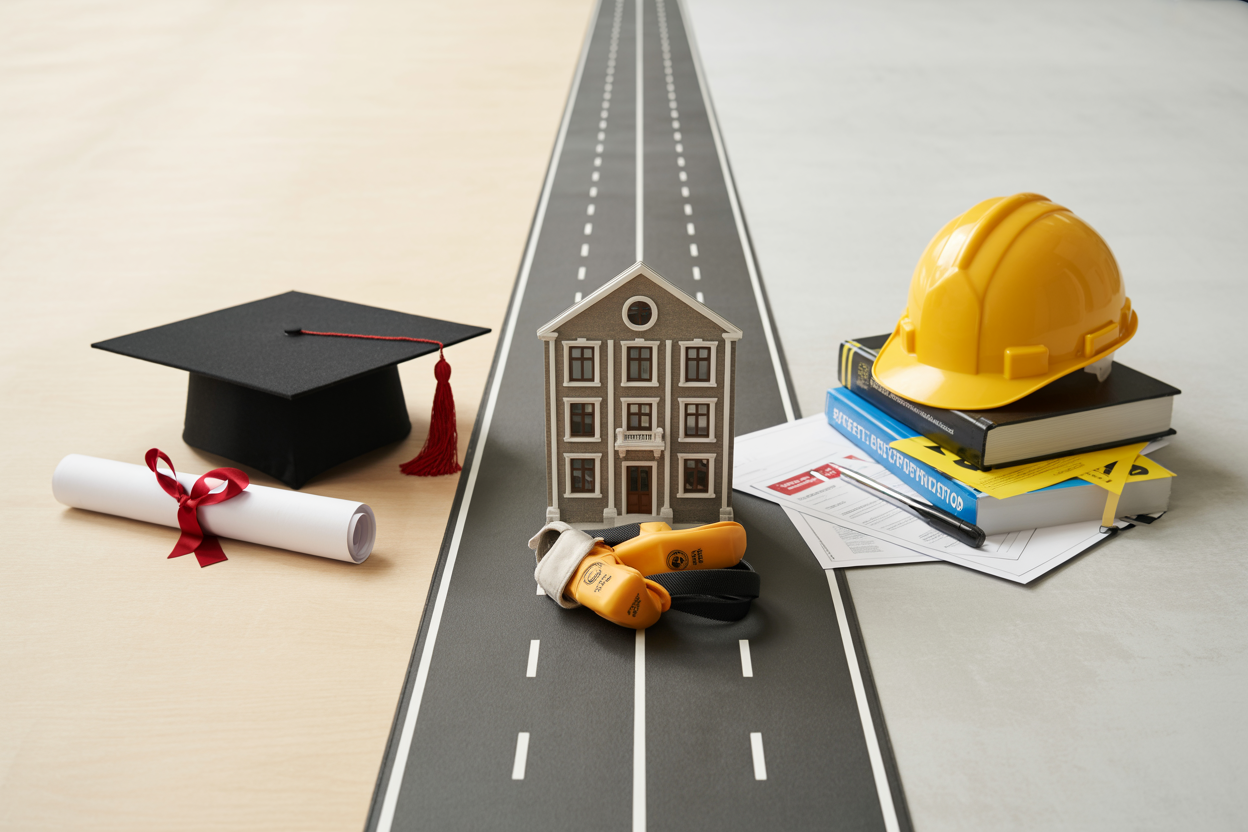 Create a realistic image of a split visual concept showing two parallel paths to a professional HSE career, featuring on one side a traditional university campus building with a graduation cap and diploma symbolically placed nearby, and on the other side a collection of professional certification documents, a hard hat, and safety manuals stacked together, both paths leading toward the same HSE professional goal represented by safety equipment in the center foreground, set against a clean neutral background with bright, balanced lighting that conveys opportunity and professional growth, with a mood that feels open and encouraging rather than restrictive. Absolutely NO text should be in the scene.