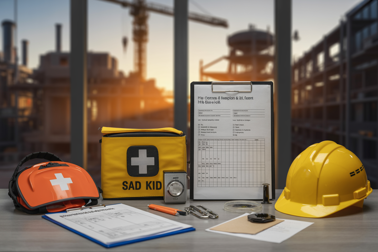 Create a realistic image of a professional workspace showing a collection of HSE-related skills and tools, including a hard hat, safety clipboard with inspection checklist, first aid kit, and risk assessment documents neatly arranged on a clean desk, with a blurred background of an industrial or construction site visible through a window, warm and motivating lighting to convey professional growth and learning, the overall scene suggesting skill development and career preparation in health, safety, and environment management. Absolutely NO text should be in the scene.