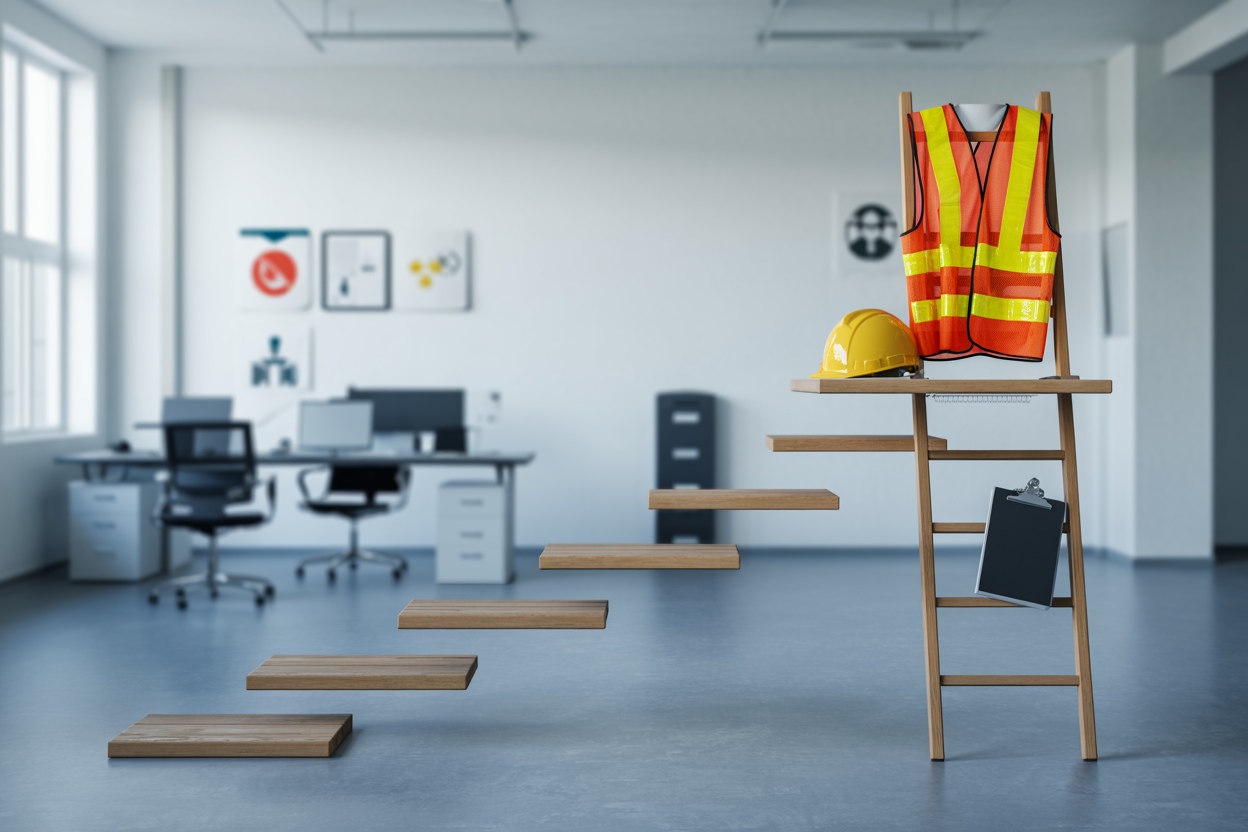 Create a realistic image of a professional career progression concept showing a structured upward path represented by a series of ascending steps or a ladder leading to a safety helmet, high-visibility vest, and clipboard arranged at the top, symbolizing an HSE professional role, set against a clean, modern office or industrial background with soft, motivating lighting that conveys growth and opportunity, with complementary elements such as safety icons and industrial equipment subtly visible in the background to reinforce the health, safety, and environment theme, overall mood is aspirational and professional. Absolutely NO text should be in the scene.