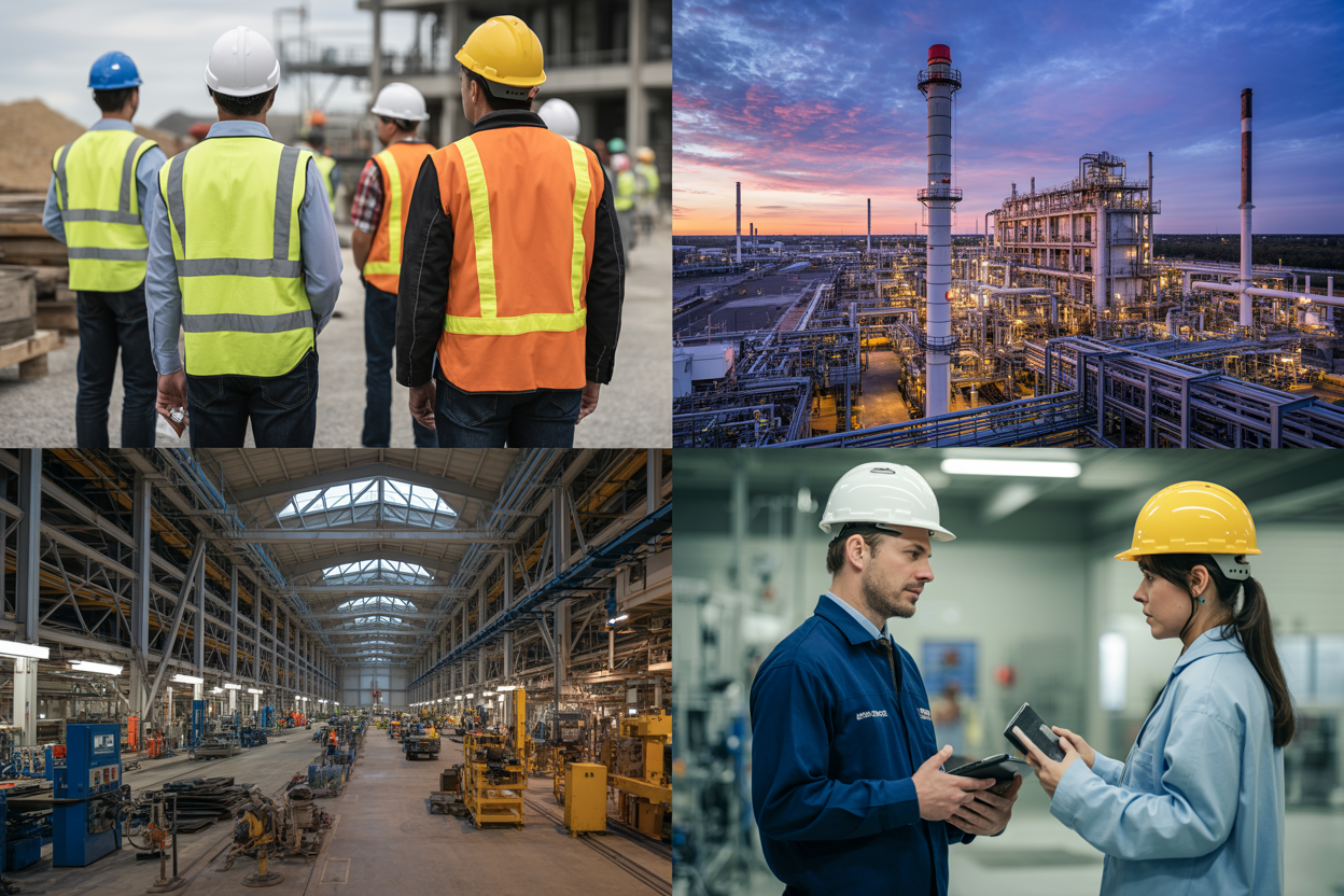 Create a realistic image of a collage-style visual showcasing four distinct industries that hire HSE professionals, featuring a construction site with workers in hard hats and safety vests, an oil and gas refinery with industrial pipelines, a modern manufacturing facility with heavy machinery, and a hospital or healthcare setting, all arranged in a clean grid layout with professional lighting that highlights the safety and industrial nature of each environment, conveying a sense of opportunity and professional diversity across sectors. Absolutely NO text should be in the scene.