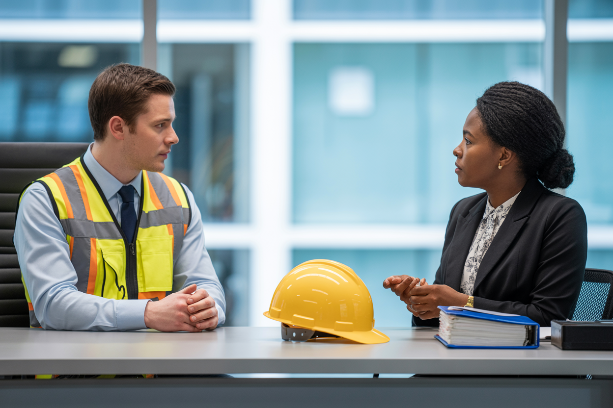 Create a realistic image of a professional job interview setting where a white male in a clean safety vest and business casual attire sits across a desk from a black female hiring manager in a modern office, with HSE-related items like a hard hat and safety binder placed neatly on the desk, the background showing a bright and organized corporate office environment with large windows, conveying a hopeful and professional mood with natural lighting illuminating the scene. Absolutely NO text should be in the scene.