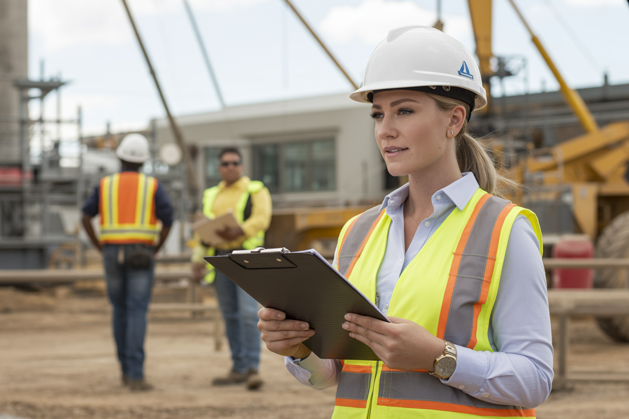 Create a realistic image of a confident white female HSE professional in a hard hat and high-visibility vest standing at an industrial worksite, holding a clipboard and reviewing safety documents, with construction equipment and workers visible in the background, bright natural lighting conveying a positive and promising career atmosphere, symbolizing growth and professional fulfillment in the health, safety, and environment field. Absolutely NO text should be in the scene.
