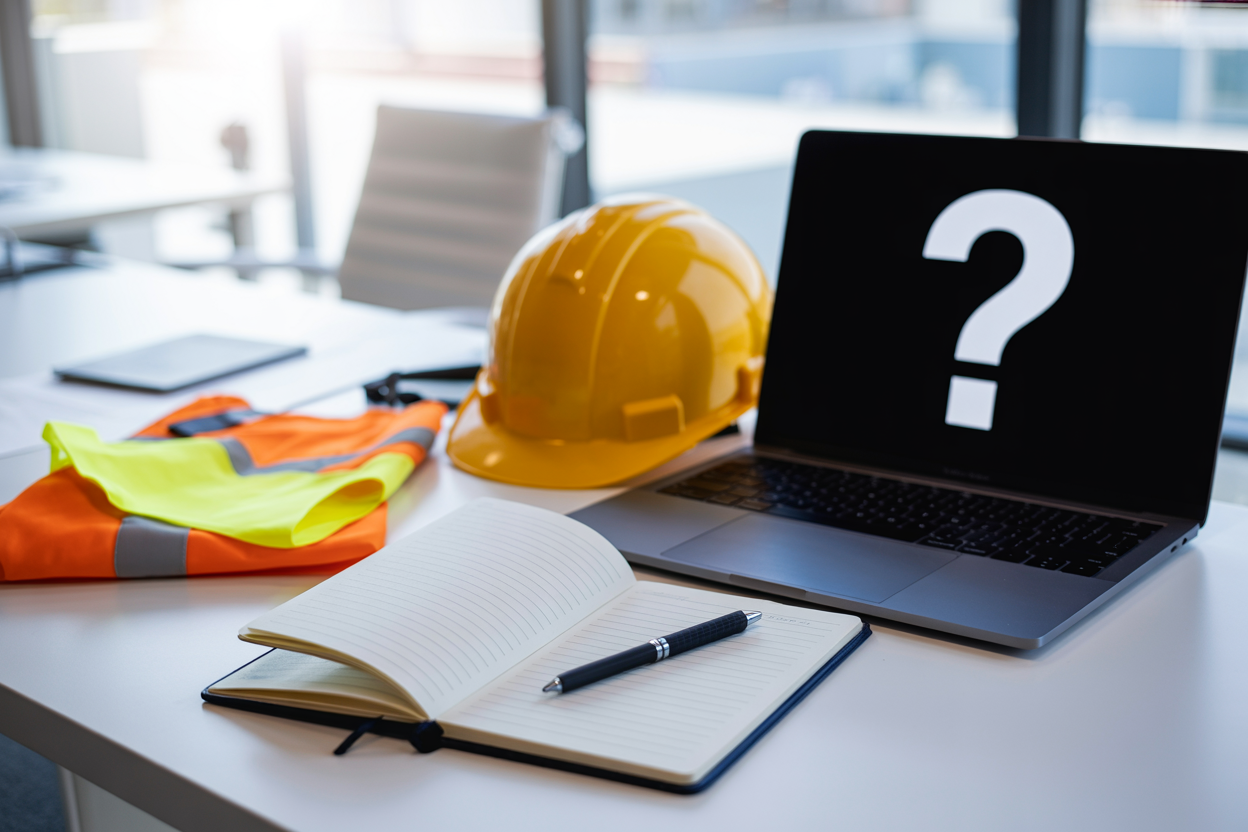 Create a realistic image of a clean, modern desk setup with a open notebook, a pen, and a laptop displaying a question mark symbol on the screen, surrounded by HSE-related items such as a hard hat and safety vest, set against a bright and professional office background with soft, natural lighting creating an organized and informative mood, Absolutely NO text should be in the scene.