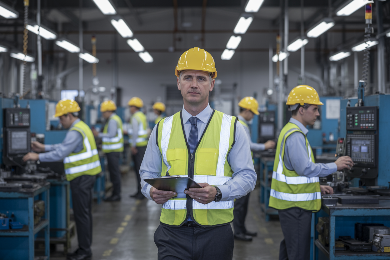 Create a realistic image of a modern industrial workplace where a white male HSE manager in a yellow hard hat and safety vest stands confidently in the foreground, holding a clipboard, while workers in the background efficiently operate machinery in a clean, well-organized factory floor, symbolizing the balance between productivity and safety, with bright overhead lighting casting a professional and focused atmosphere, Absolutely NO text should be in the scene.