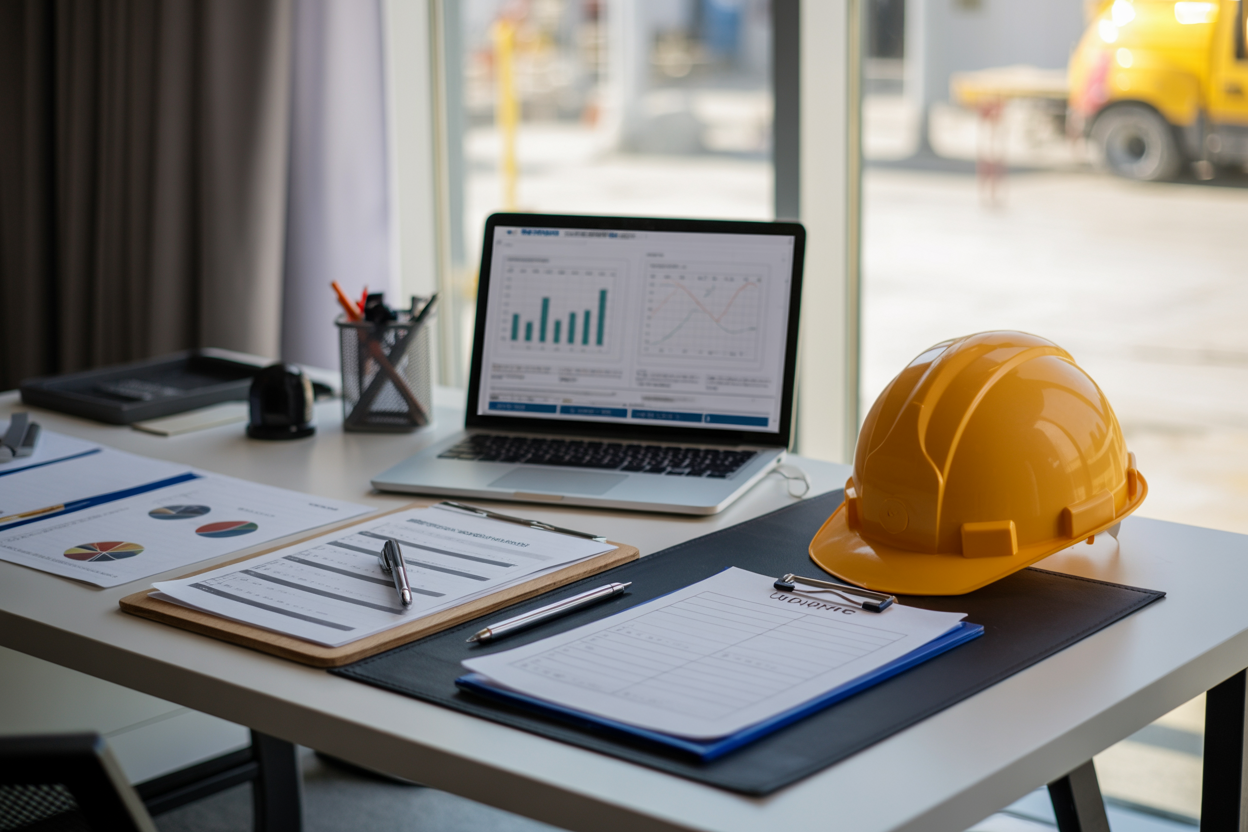 Create a realistic image of a professional HSE workspace showing a organized desk setup with safety-related documents, a hard hat, and a laptop displaying productivity charts, alongside a clipboard with safety checklists, all arranged neatly on a clean modern desk, with soft natural lighting coming from a nearby window, conveying a sense of efficiency and professional order, with a blurred background showing an industrial or construction site safety environment, creating a mood of focused productivity balanced with safety awareness. Absolutely NO text should be in the scene.