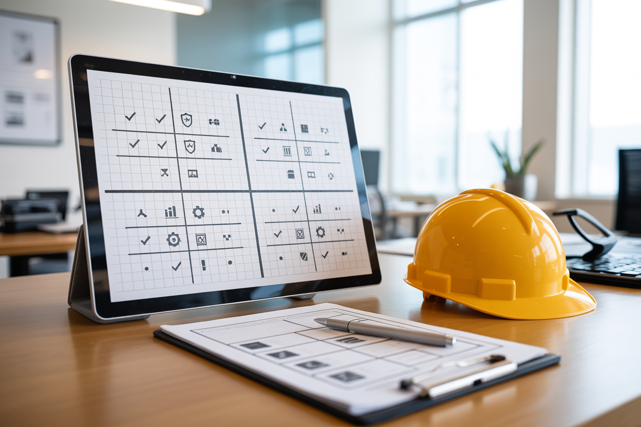 Create a realistic image of a modern office desk with a large, clean matrix grid diagram displayed on a sleek digital tablet, showing four quadrants with safety and productivity icons like checkmarks, shields, charts, and gears arranged symbolically within each quadrant, complemented by a clipboard with structured documents and a hard hat placed nearby, set against a bright, professional office background with soft natural lighting creating a focused and organized atmosphere, conveying efficiency and safety balance. Absolutely NO text should be in the scene.
