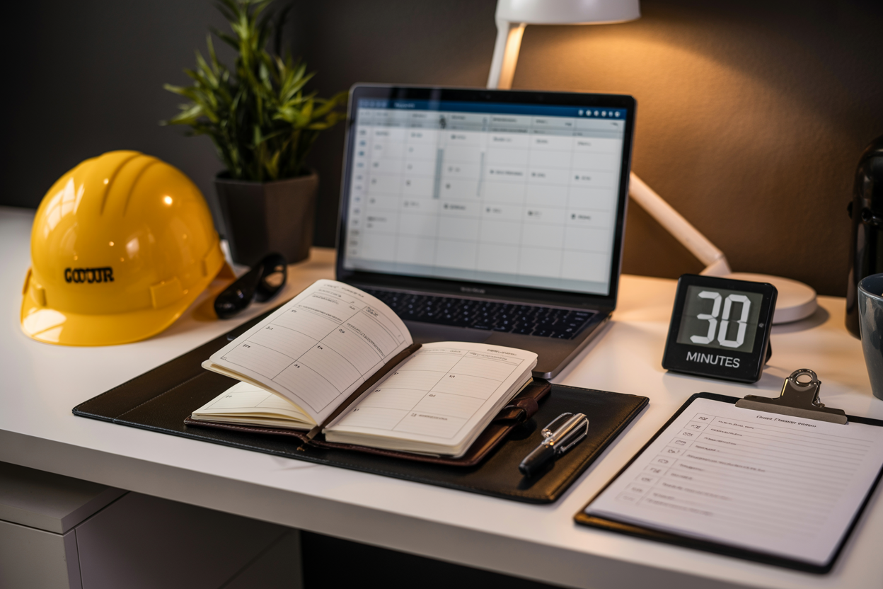 Create a realistic image of a clean, organized desk workspace featuring a open planner or scheduling notebook, a digital timer set to 30 minutes, a laptop displaying a structured daily schedule dashboard, a safety helmet and clipboard with a checklist placed nearby, all arranged neatly on a modern office desk, warm focused lighting illuminating the scene, conveying a sense of efficiency, preparation, and professional productivity, with a calm and purposeful mood. Absolutely NO text should be in the scene.