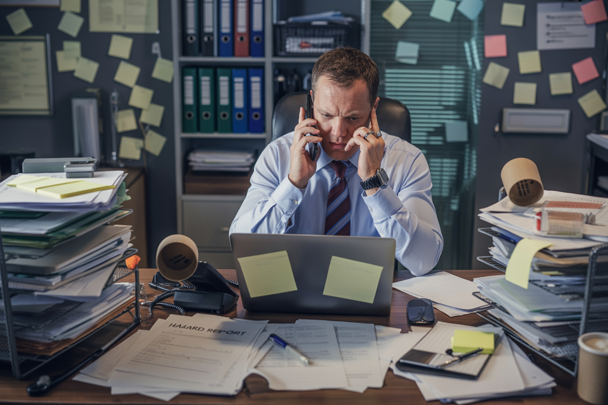 Create a realistic image of a cluttered and disorganized HSE professional's desk with scattered safety documents, overlooked checklists, and an ignored hazard report buried under piles of papers, alongside a stressed white male HSE officer looking overwhelmed while multitasking on a laptop and talking on the phone simultaneously, with sticky notes plastered everywhere and a coffee cup tipped over, set in a dimly lit office environment that conveys a sense of chaos and poor time management, with safety compliance binders left open and unattended in the background, creating a mood of inefficiency and professional burnout. Absolutely NO text should be in the scene.