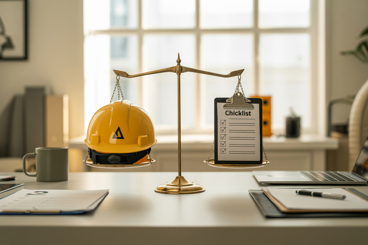 Create a realistic image of a well-organized modern workplace showing a balanced scale at the center of a clean desk, with one side holding a safety helmet and the other side holding a checklist clipboard, symbolizing the balance between productivity and safety, surrounded by subtle elements like a laptop, neatly arranged documents, and a coffee mug, set in a bright professional office environment with warm natural lighting streaming through a window, conveying a sense of efficiency, order, and purposeful work. Absolutely NO text should be in the scene.