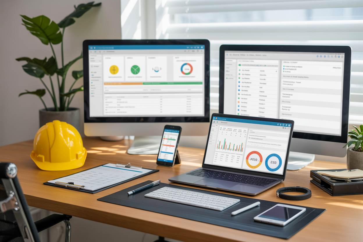 Create a realistic image of a modern HSE (Health, Safety, and Environment) professional workspace featuring a sleek desk with a laptop displaying colorful dashboards and safety compliance charts, a digital tablet, a smartphone, and safety management software interfaces visible on multiple screens, accompanied by a hard hat, safety inspection checklist clipboard, and a small plant, set in a bright and organized office environment with natural lighting streaming through a window, conveying a sense of efficiency, productivity, and professionalism. Absolutely NO text should be in the scene.