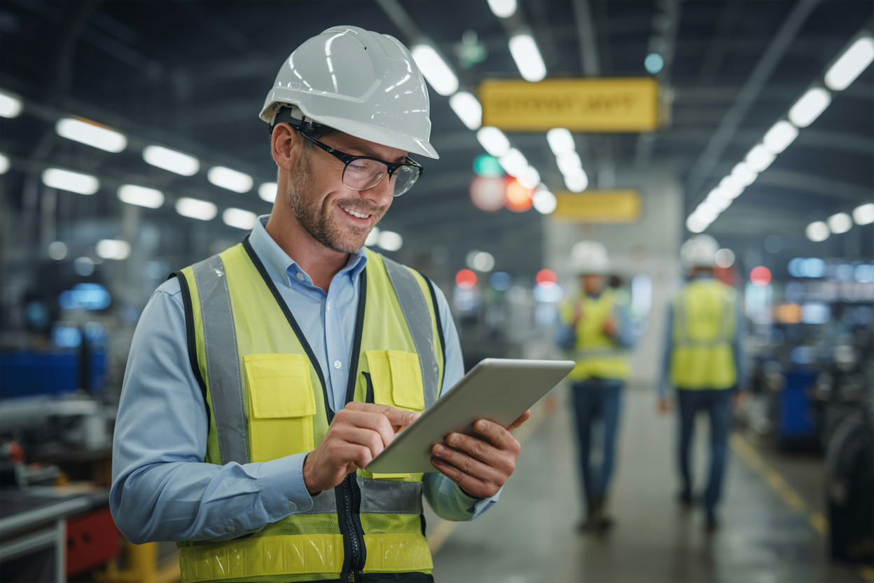 Create a realistic image of a confident white male HSE professional in a hard hat and safety vest standing in a modern industrial facility, reviewing a digital tablet with a satisfied expression, surrounded by a clean and well-organized workplace with safety signage visible in the background, workers moving efficiently in the distance, warm and bright lighting illuminating the scene to convey productivity, success, and a strong safety culture, with a sense of accomplishment and forward momentum in the overall composition. Absolutely NO text should be in the scene.