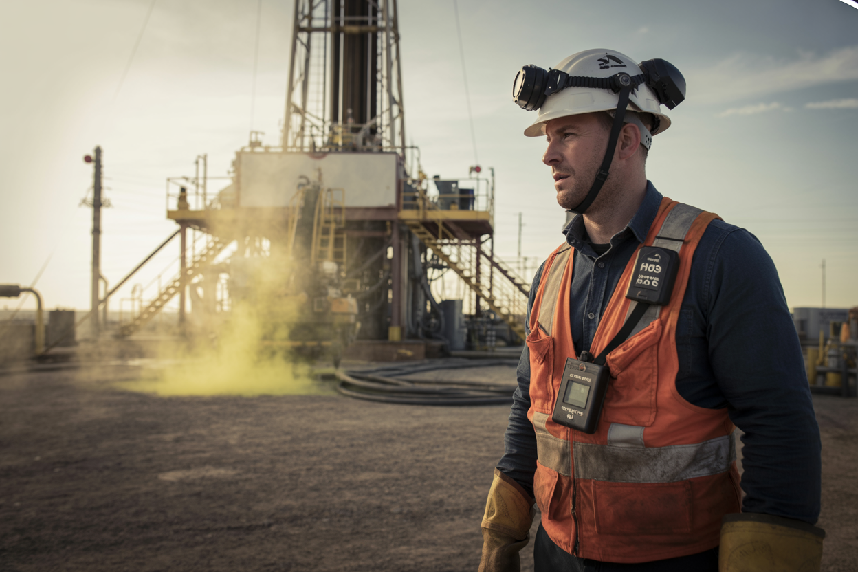 Create a realistic image of a drilling rig worksite during the day with a visible hazardous gas warning atmosphere, showing a white male worker in full safety gear including a hard hat, orange safety vest, and a personal H₂S gas detector clipped to his chest, standing near large industrial drilling equipment with a faint yellowish hazy mist in the air suggesting toxic gas presence, the mood is tense and cautionary, with dramatic industrial lighting casting shadows across the rig machinery, a rugged oilfield environment in the background with pipelines and derrick structures visible, Absolutely NO text should be in the scene.