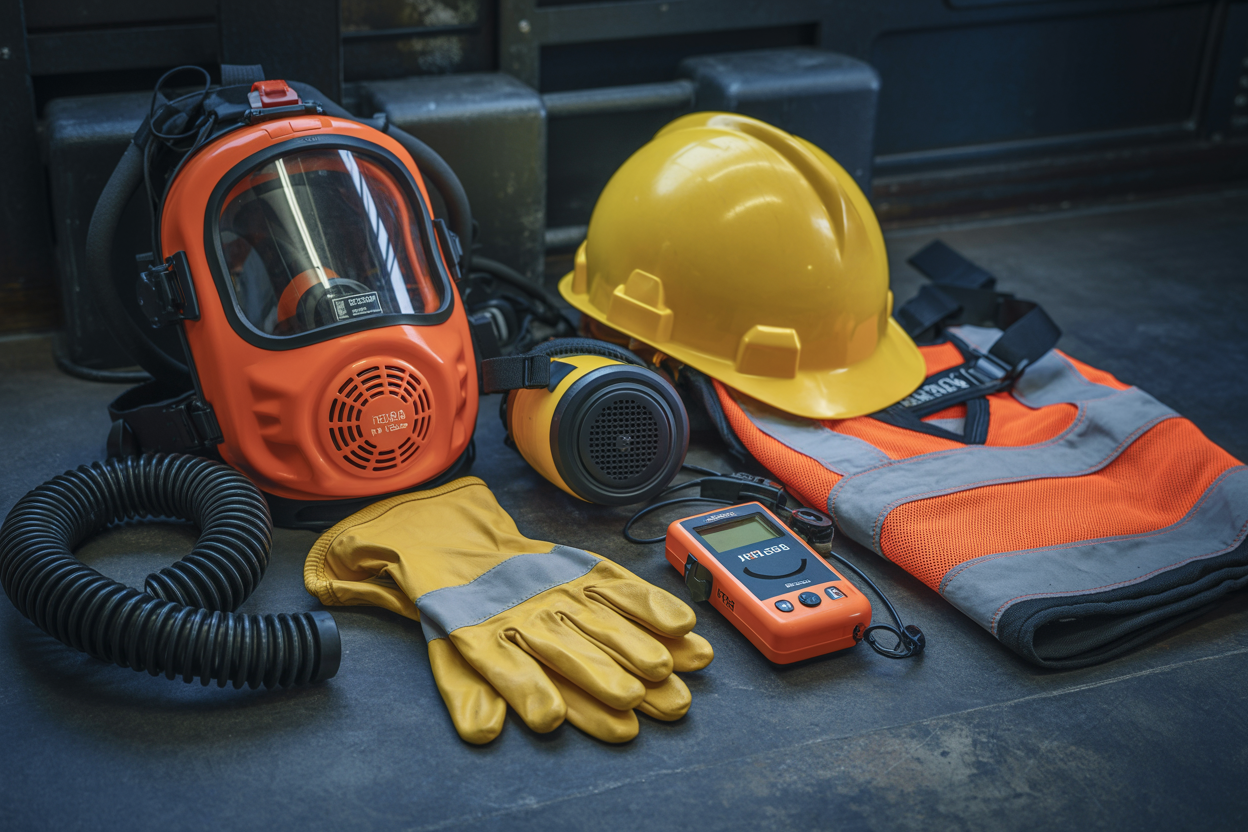 Create a realistic image of a close-up flat lay arrangement of essential H₂S personal protective equipment displayed on a dark industrial surface, including a bright orange self-contained breathing apparatus (SCBA), a yellow hard hat, chemical-resistant gloves, a portable H₂S gas detector, and a safety harness, all neatly organized to showcase their professional quality, with dramatic industrial lighting highlighting the gear's details and textures, conveying a sense of preparedness and safety in a hazardous environment. Absolutely NO text should be in the scene.
