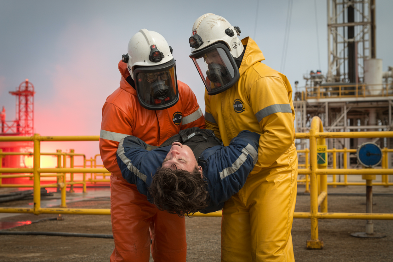 Create a realistic image of a dramatic emergency response scene on an oil drilling rig, showing two workers in full H2S safety gear including orange and yellow hazmat suits and self-contained breathing apparatus (SCBA) masks, one white male and one black male, carrying an unconscious colleague away from a hazardous zone marked by yellow warning barriers, with industrial drilling equipment and pipes visible in the background, emergency red warning lights casting an urgent glow across the scene, creating a tense and serious atmosphere that conveys life-saving action and professional emergency preparedness. Absolutely NO text should be in the scene.