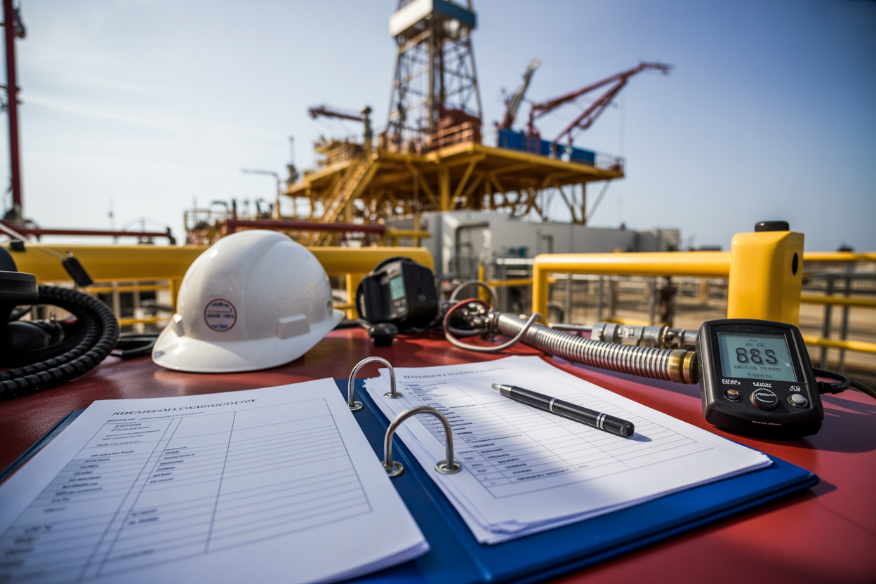 Create a realistic image of a close-up view of an official regulatory compliance document or binder placed on a desk on an oil drilling rig, with safety inspection checklists, compliance forms, and a hard hat visible nearby, alongside H₂S gas detection equipment such as a personal gas monitor, the background showing the industrial metal structure of a drilling rig in soft focus, the scene lit with bright, professional lighting emphasizing the organized and serious nature of regulatory compliance in a hazardous industrial environment. Absolutely NO text should be in the scene.