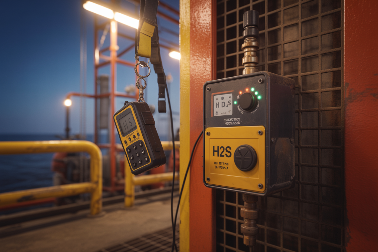 Create a realistic image of a close-up view of an H₂S gas detector alarm system mounted on a drilling rig wall, featuring a yellow and black gas monitor device with flashing warning lights and sensor components, alongside a visible handheld personal gas detection device clipped to a safety vest hanging nearby, set against an industrial oil rig background with metal grating and pipes, lit with a combination of harsh industrial lighting and the glow of alert indicator lights creating an urgent, cautionary atmosphere, Absolutely NO text should be in the scene.