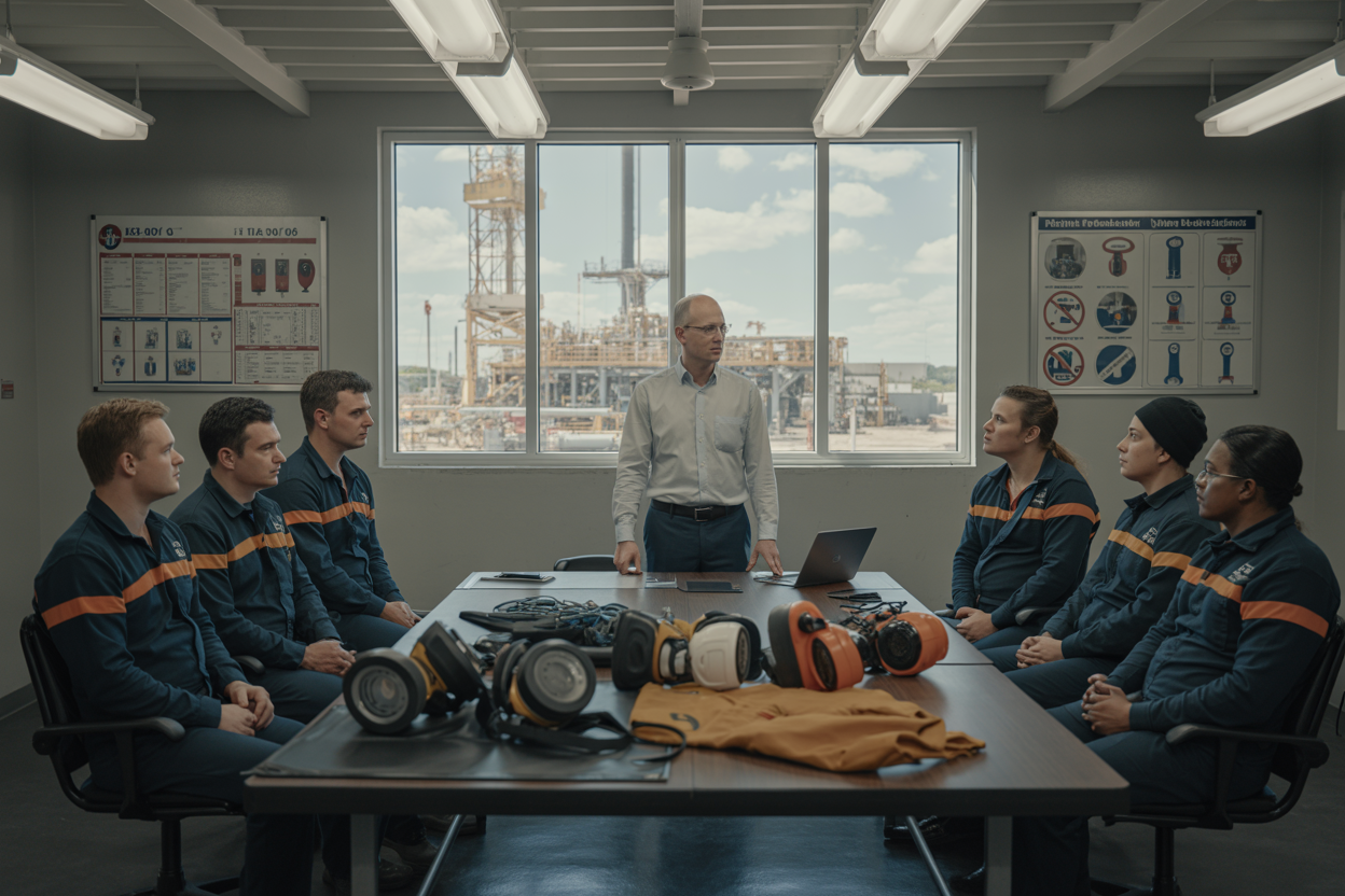 Create a realistic image of a professional safety training session taking place inside an industrial facility, where a white male instructor stands at the front of the room presenting H₂S safety equipment including gas detectors, respirators, and safety gear laid out on a table, with a small group of attentive workers of mixed genders and ethnicities seated and observing, the room has a serious and focused atmosphere with bright overhead lighting, safety posters and emergency response charts visible on the walls, and a drilling rig visible through a large window in the background, conveying a structured and professional safety training environment. Absolutely NO text should be in the scene.