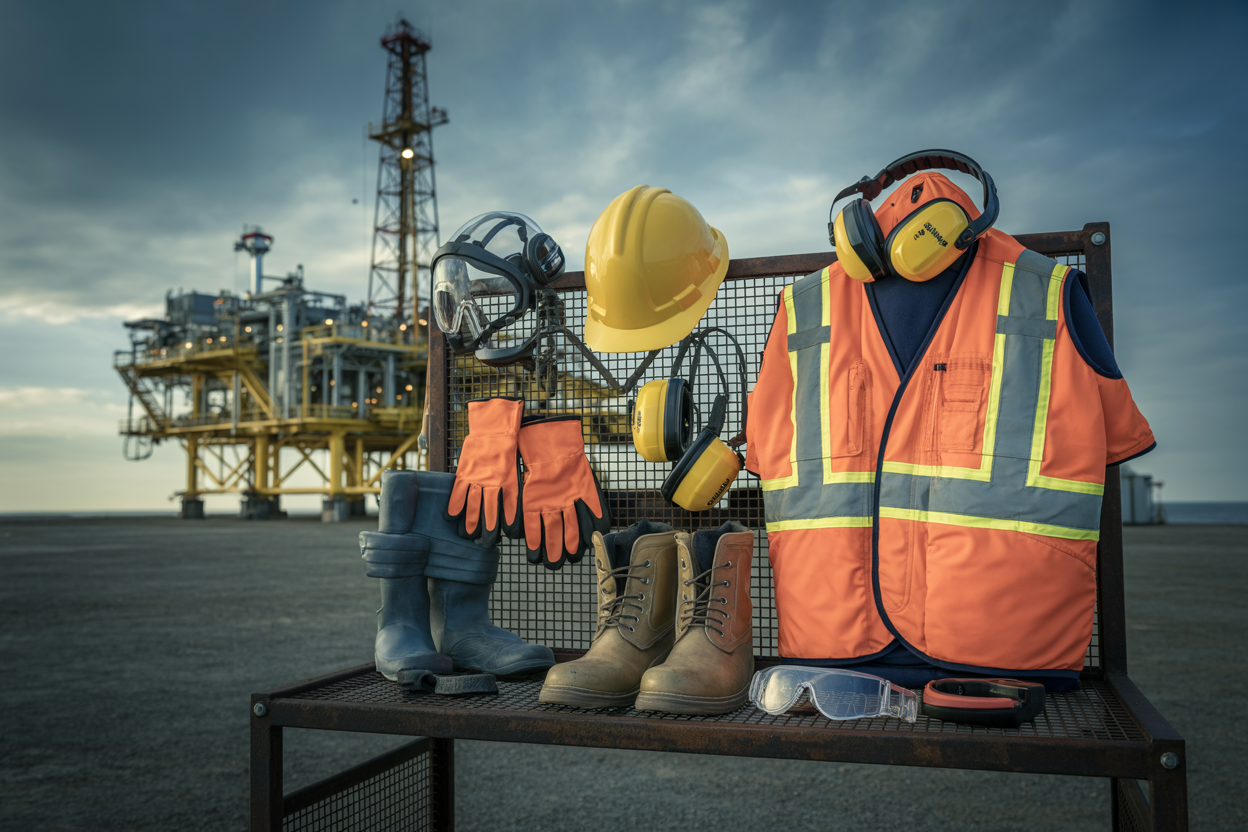 Create a realistic image of a well-organized oil rig safety station displaying a complete set of PPE equipment including a hard hat, safety goggles, high-visibility vest, gloves, steel-toed boots, and ear protection neatly arranged on a metal rack or workbench, with an industrial oil rig structure visible in the background under a dramatic overcast sky, conveying a strong sense of workplace safety and compliance, with professional industrial lighting illuminating the equipment. Absolutely NO text should be in the scene.