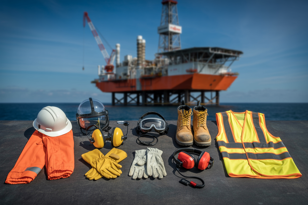 Create a realistic image of a well-organized flat lay or display of essential oil rig personal protective equipment including a hard hat, safety goggles, fire-resistant coveralls, steel-toed boots, heavy-duty gloves, hearing protection earmuffs, and a high-visibility vest arranged neatly on a dark industrial surface, with an oil rig or offshore platform visible in the blurred background, lit with bright professional lighting that highlights each piece of equipment clearly, conveying a sense of safety and professionalism. Absolutely NO text should be in the scene.