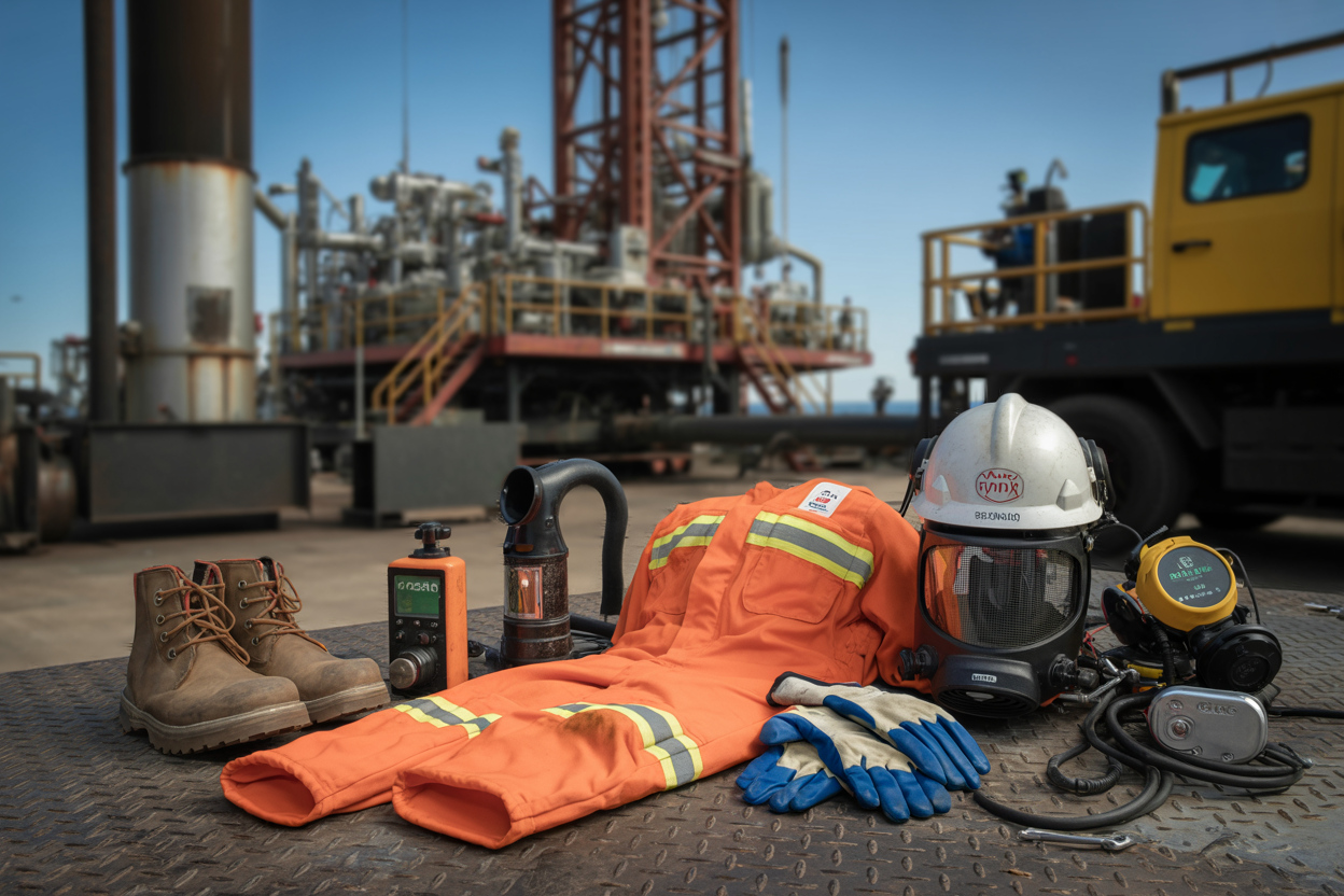 Create a realistic image of a close-up flat lay arrangement of specialized oil rig PPE equipment including a flame-resistant suit, a hard hat with visor, heavy-duty chemical-resistant gloves, steel-toed safety boots, a gas detector device, and a self-contained breathing apparatus, all laid out on a rugged industrial metal surface with oil rig machinery visible in the blurred background, lit with bright industrial lighting to emphasize the professional and high-stakes nature of the equipment, conveying a serious and safety-critical mood. Absolutely NO text should be in the scene.