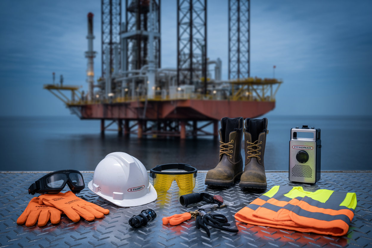 Create a realistic image of a close-up flat lay arrangement on a metal surface showing various oil rig PPE items including a hard hat, safety goggles, flame-resistant gloves, steel-toed boots, a high-visibility vest, and a gas detector, organized into distinct groupings as if categorized by type, with an industrial oil rig visible in the blurred background, lit by cool industrial lighting that conveys a professional and safety-focused atmosphere. Absolutely NO text should be in the scene.