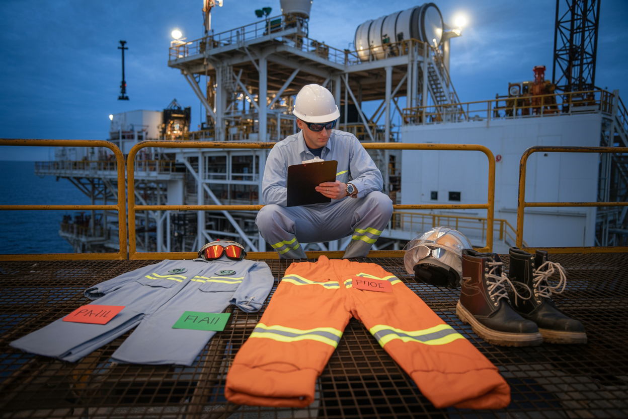 Create a realistic image of a white male safety inspector on an oil rig platform holding a clipboard and thoroughly examining a set of PPE equipment laid out on a metal surface, including a hard hat, safety goggles, flame-resistant coveralls, steel-toed boots, and gloves, with some items marked with red tags and others with green tags to indicate pass or fail status, industrial oil rig machinery and steel structures visible in the background, bright overhead lighting illuminating the inspection area, conveying a professional and safety-focused atmosphere. Absolutely NO text should be in the scene.