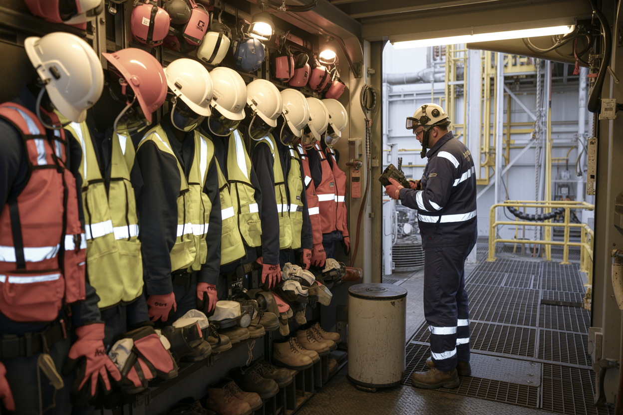 Create a realistic image of a close-up view of an organized PPE storage station on an oil rig, featuring neatly arranged safety helmets, high-visibility vests, safety goggles, gloves, and steel-toed boots mounted on a wall rack, with a white male worker in full PPE gear inspecting and checking equipment items methodically, industrial oil rig environment in the background with metal grating and pipes visible, bright overhead industrial lighting creating a professional and safety-focused atmosphere, conveying a sense of order and compliance. Absolutely NO text should be in the scene.