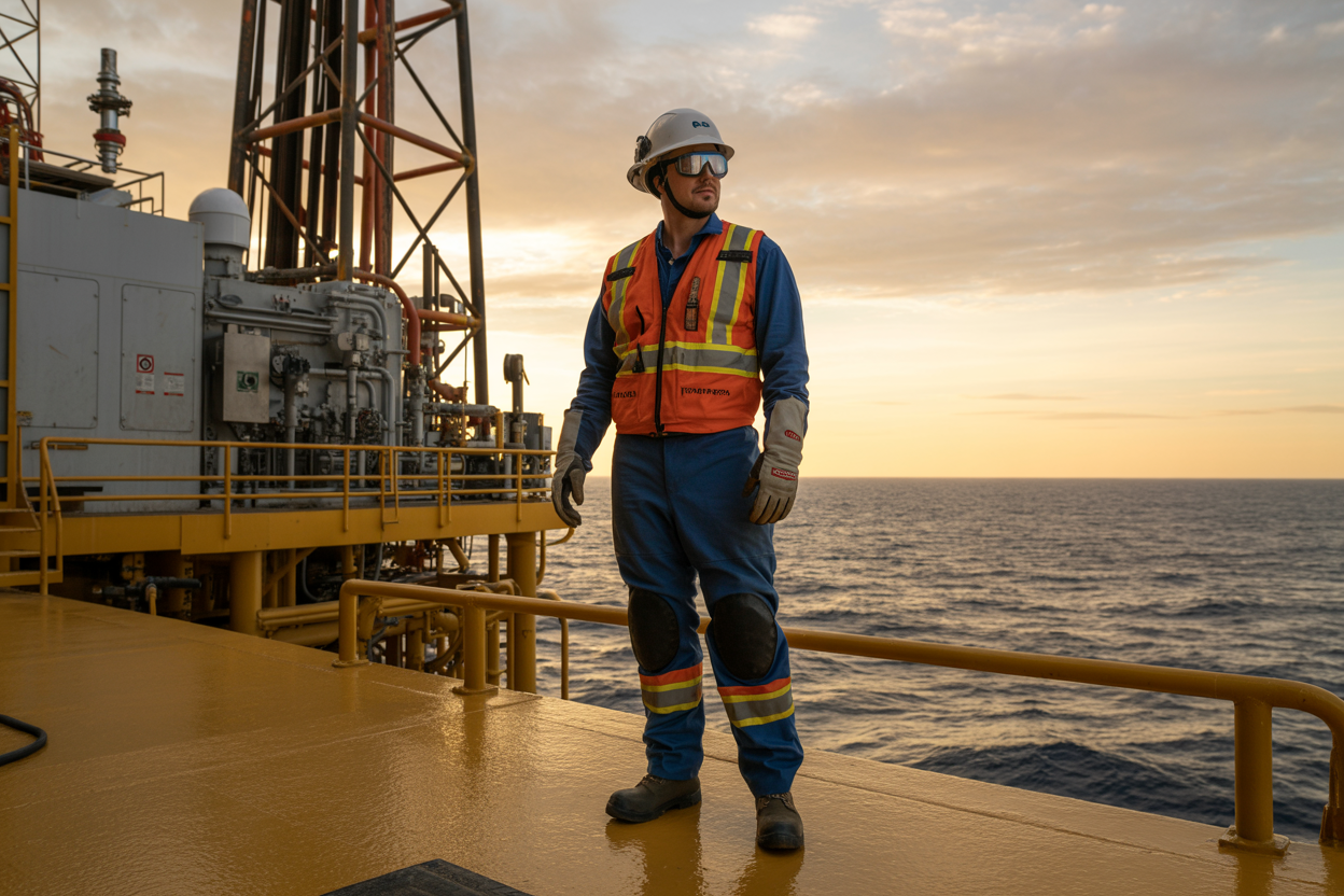 Create a realistic image of a well-equipped oil rig worker, a white male, standing confidently on an offshore oil rig platform during golden hour, wearing a full set of PPE including a hard hat, high-visibility vest, safety goggles, flame-resistant coveralls, steel-toed boots, and gloves, with industrial oil rig machinery and equipment visible in the background, the scene conveying a sense of safety, professionalism, and compliance, warm and dramatic lighting from the setting sun casting a strong silhouette effect, with the vast ocean stretching into the horizon, emphasizing the importance of workplace safety in a high-risk environment. Absolutely NO text should be in the scene.